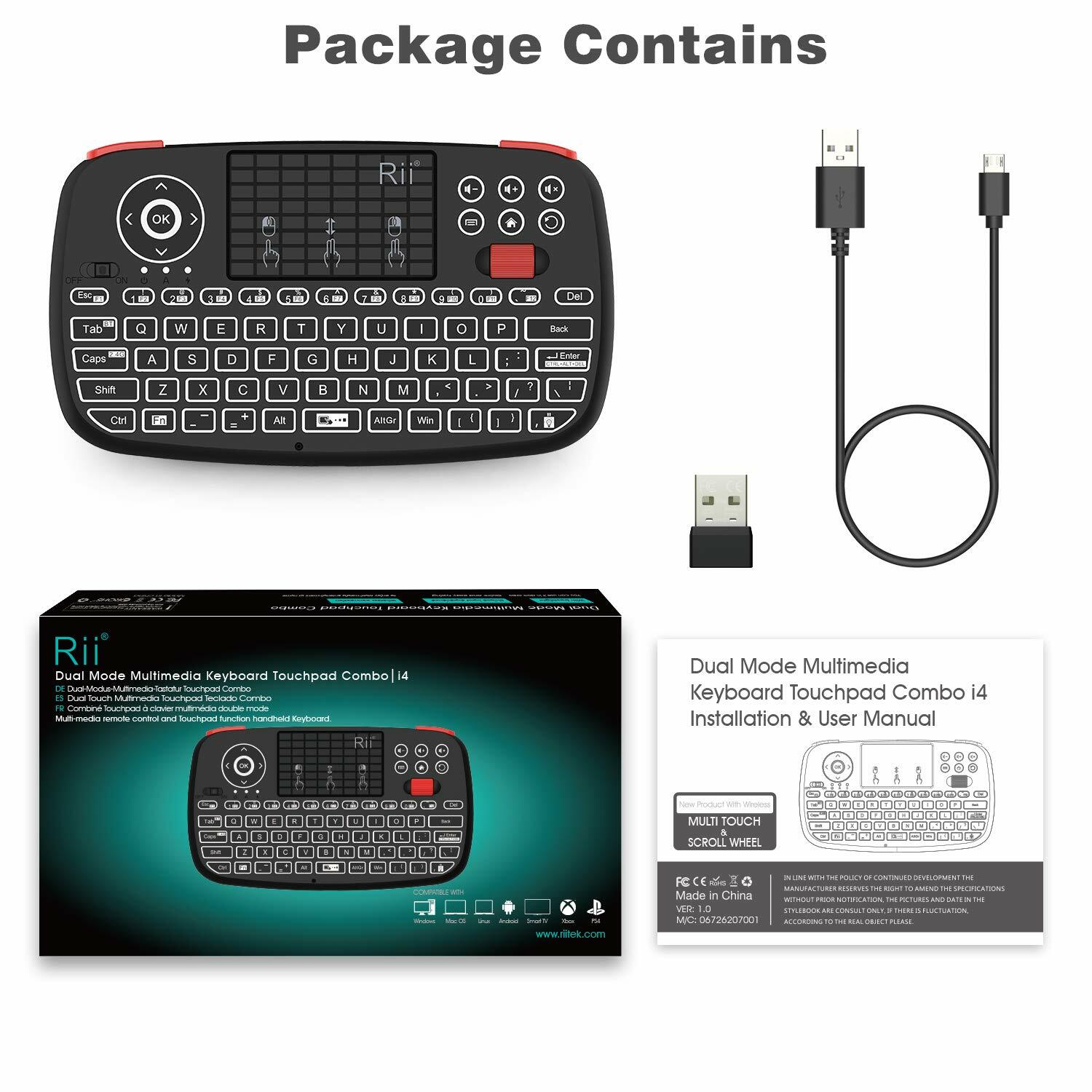 Rii i4 (Bluetooth + 2.4GHz) Blacklit Portable Mini Keyboard with Scroll wheel