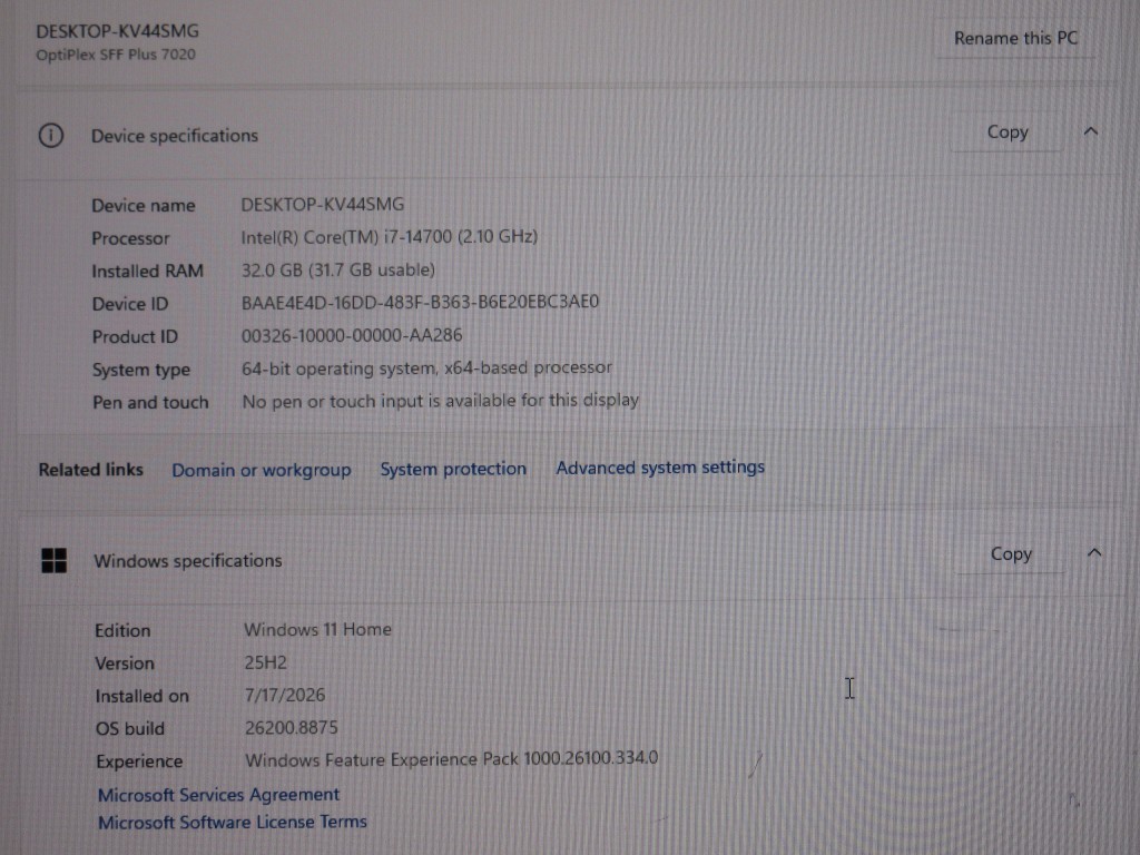 Dell OptiPlex SFF Plus 7020 Intel Core i7-14700 2.1GHz 32GB RAM 1TB SSD Win 11