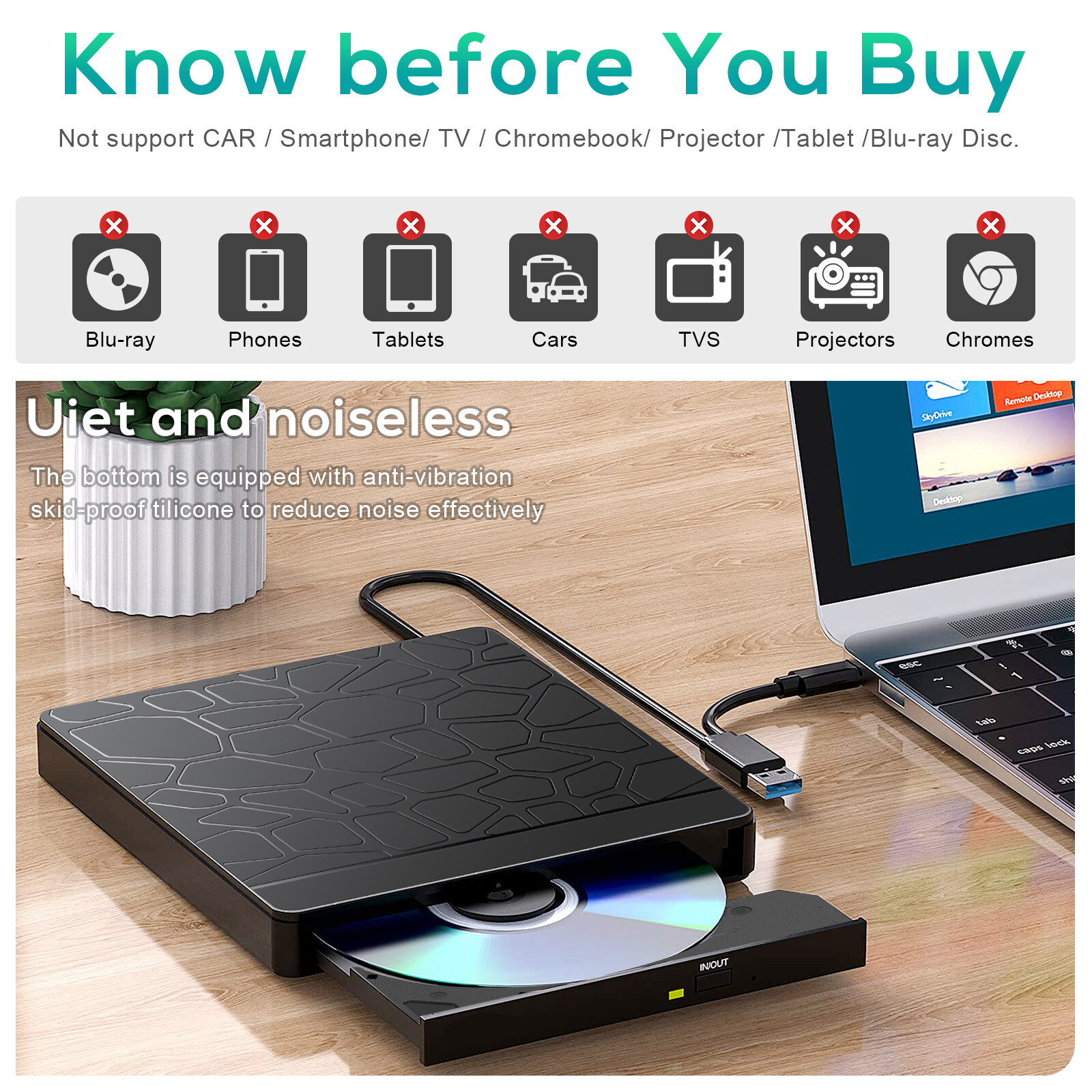 External CD DVD Drive Type-C USB 3.0 Player Disc Burner Reader for Laptop MAC OS