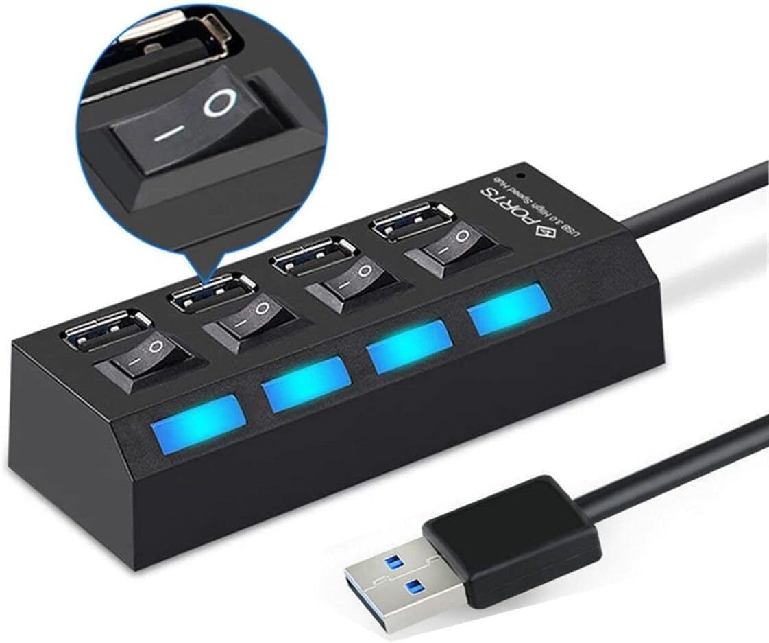 USB Hub 7 Port On/Off Switch High Speed Splitter AC Adapter Cable PC Laptop Lot