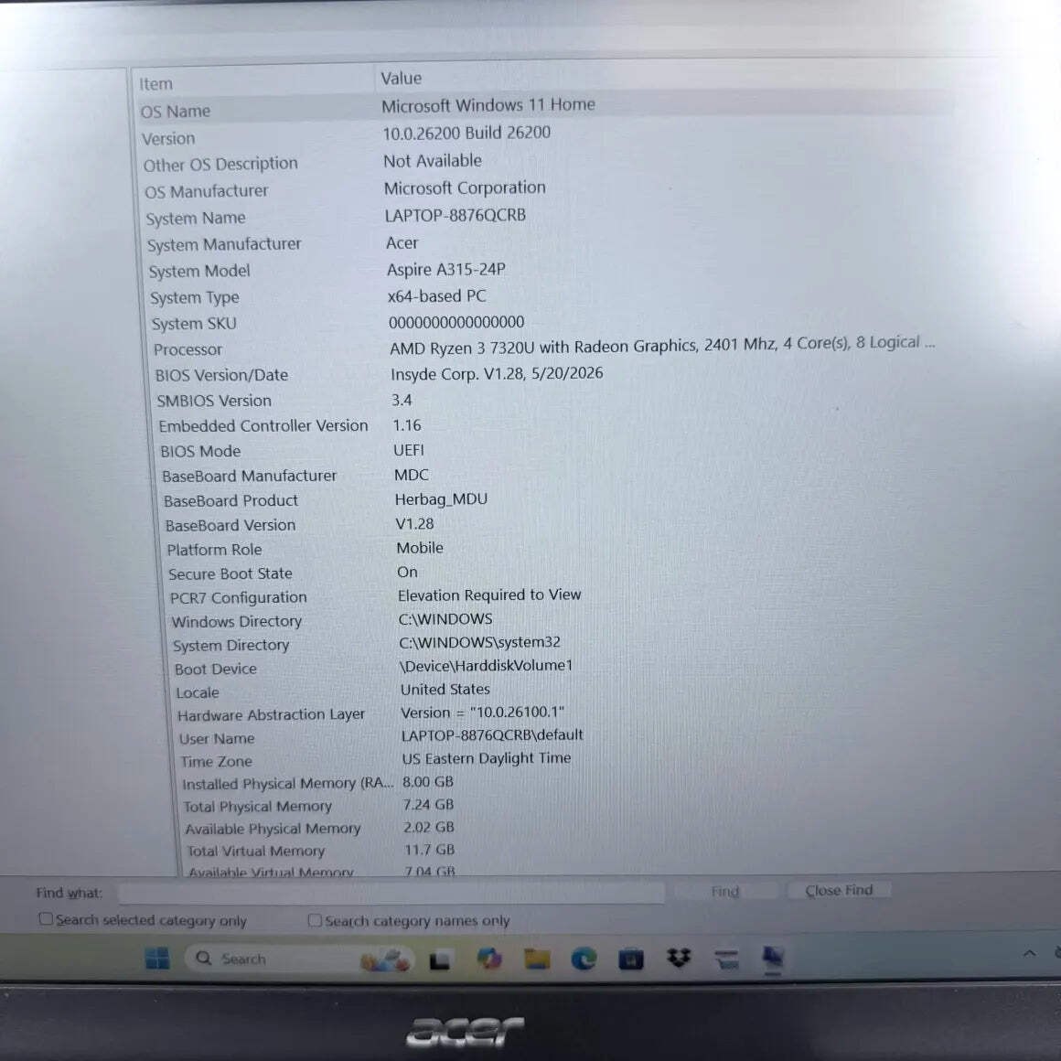 Acer Aspire 3 8876QCRB 15.6″ Ryzen 3 7320U 2.4GHz 8GB RAM 128GB SSD