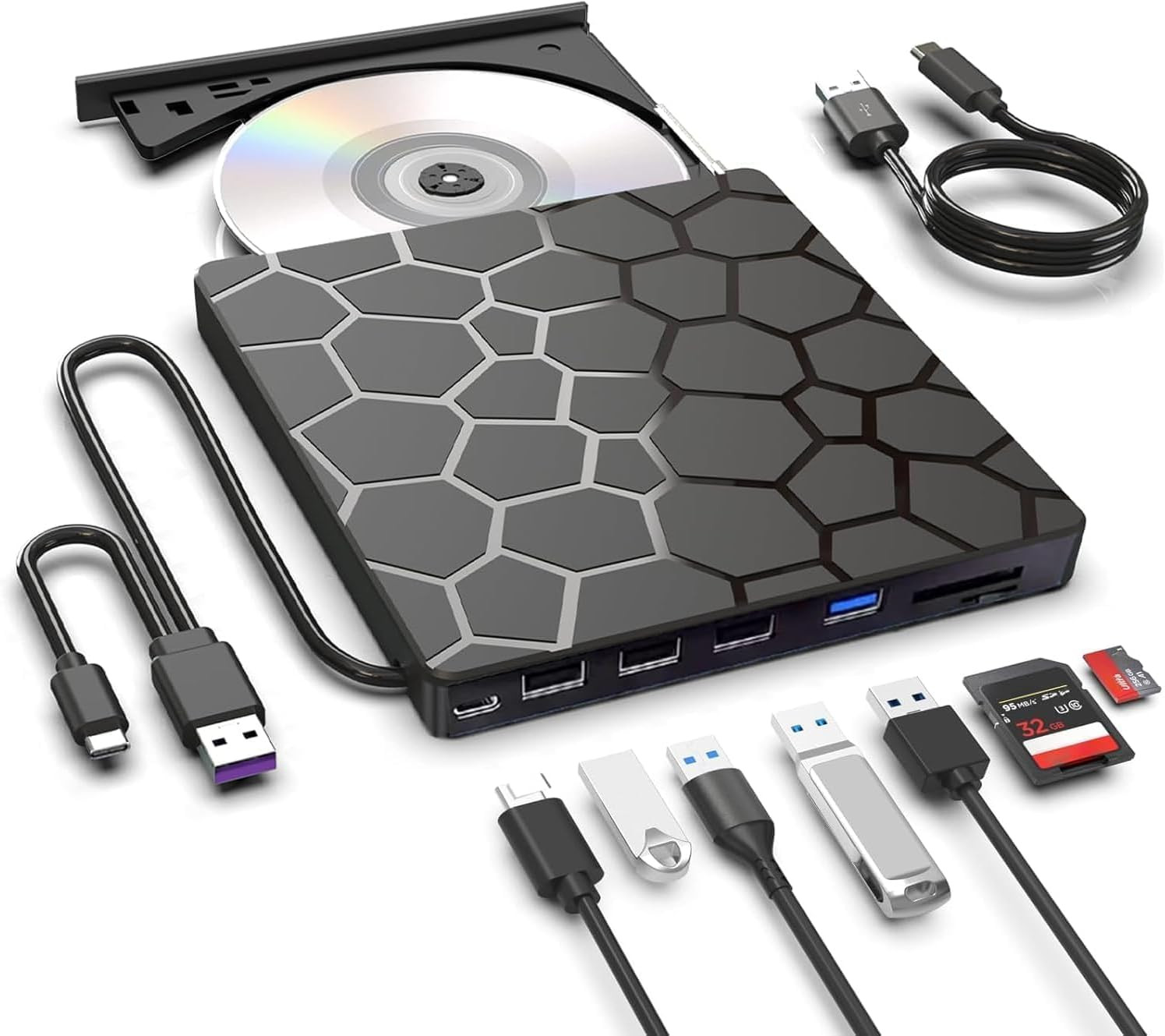 External CD DVD Drive,8 in 1 USB 3.0 and Type-C Disc Reader Writer Burner