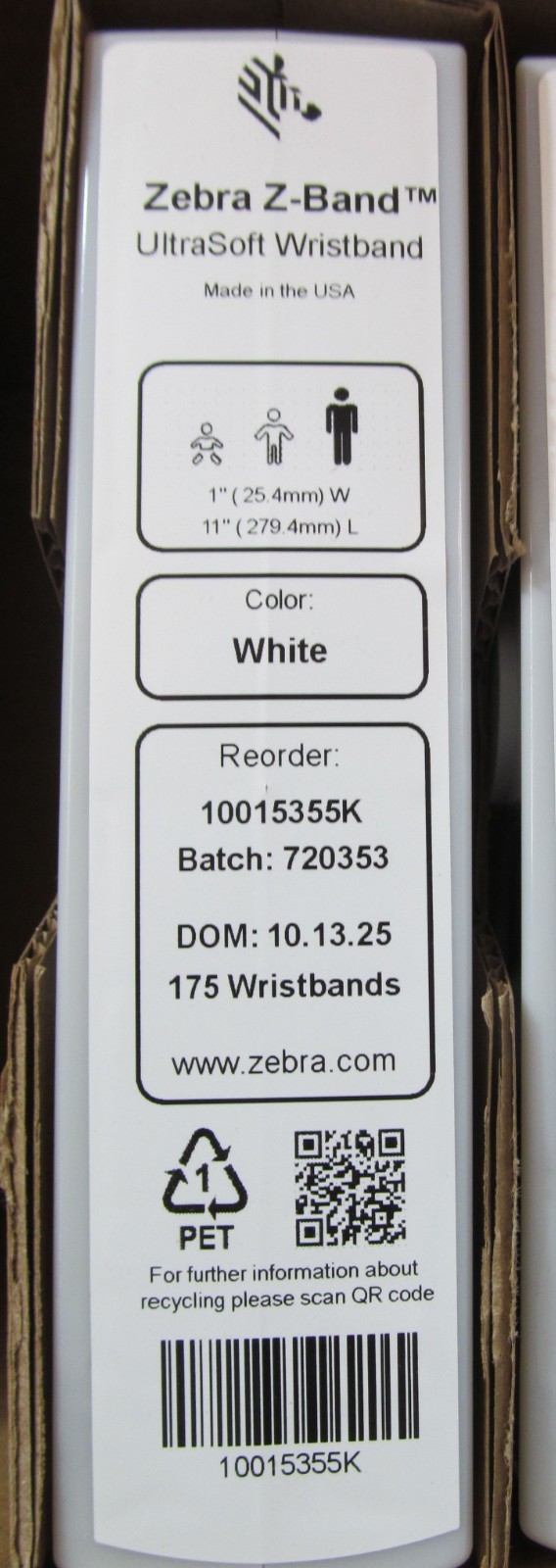 6-PACK ZEBRA 10015355K Z-BAND ULTRASOFT WRISTBAND CARTRIDGE REELS WHITE 1″ x 11″