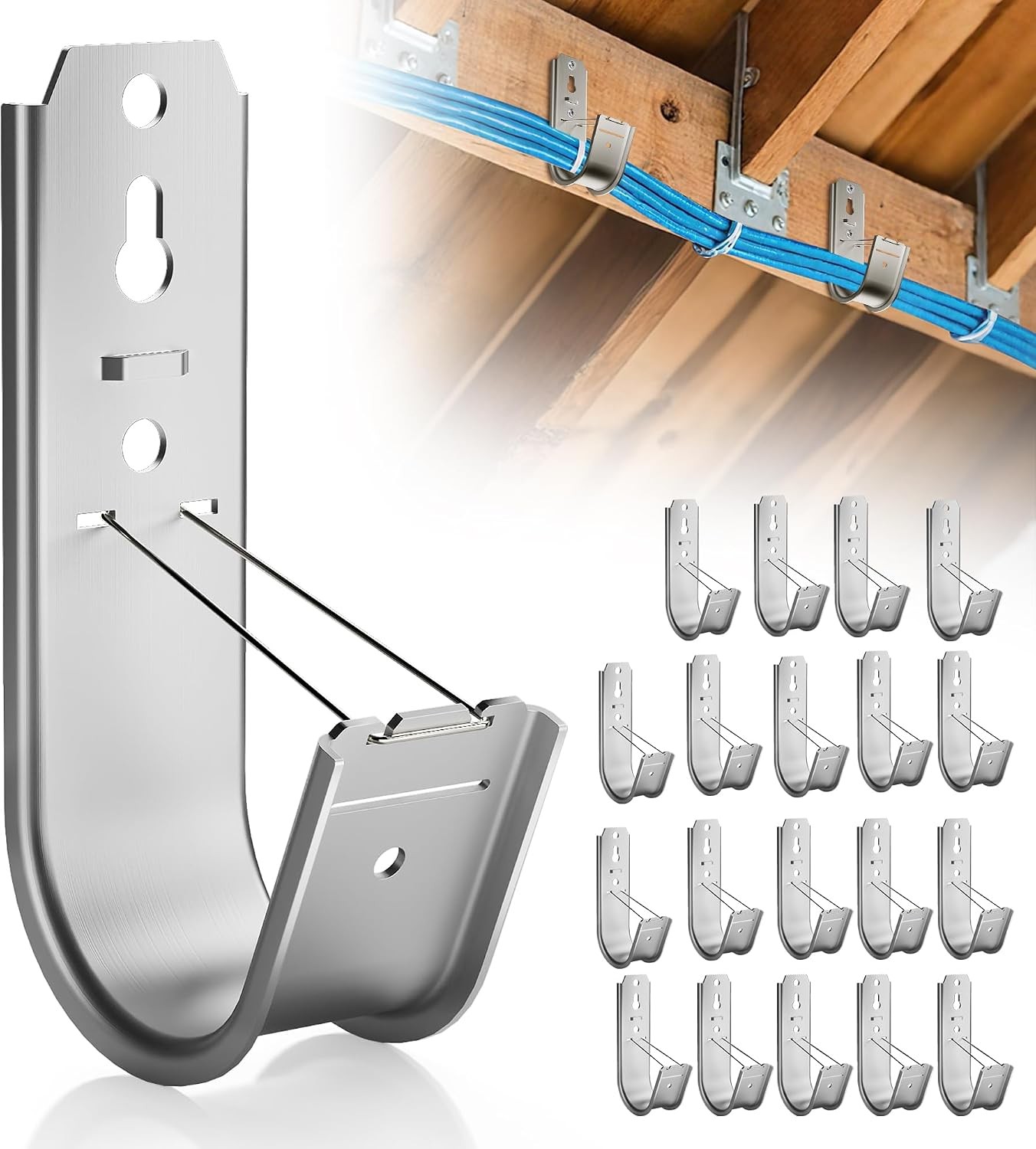 20 Pack J Cable Hook with Retainer Clip, 2-Inch Heavy Duty Wall Mount J-Hooks…