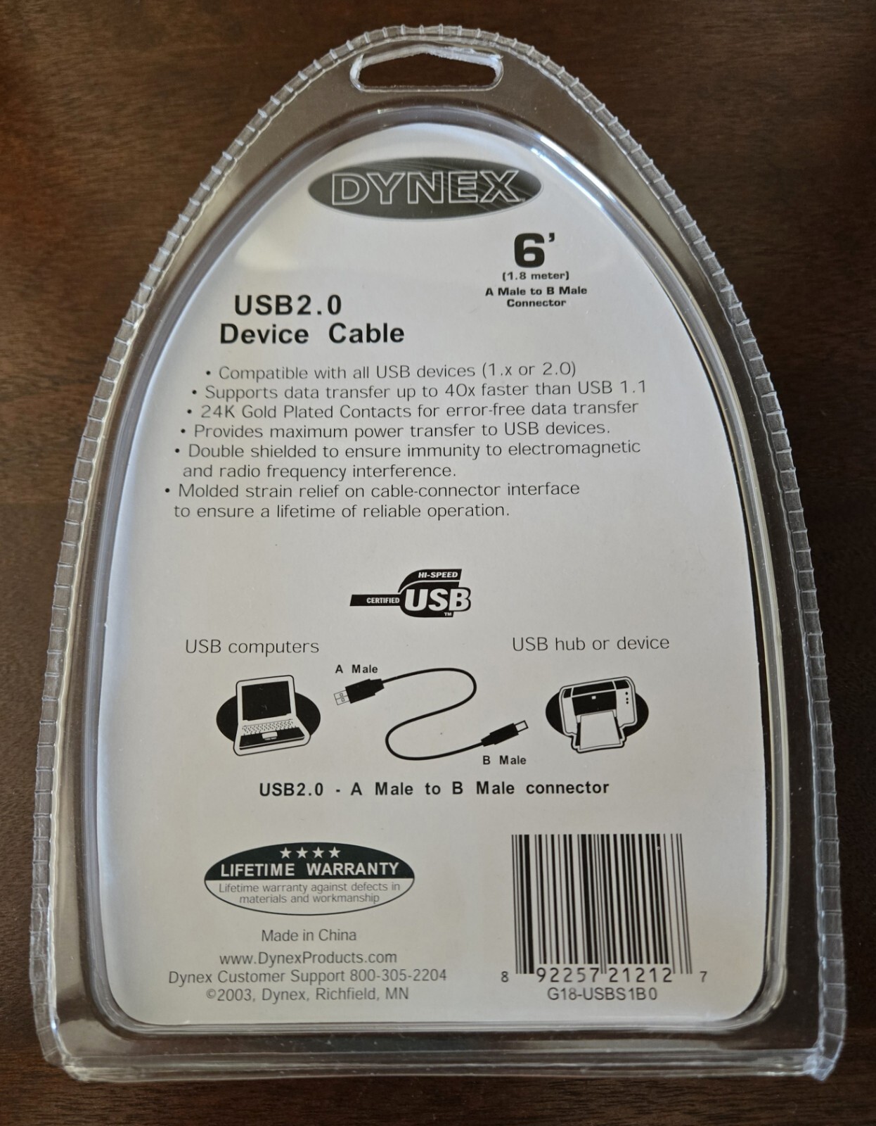 USB2.0 Dynex Device Cable Data Transfer, 24K Gold Plated Contacts, 6′ – NEW