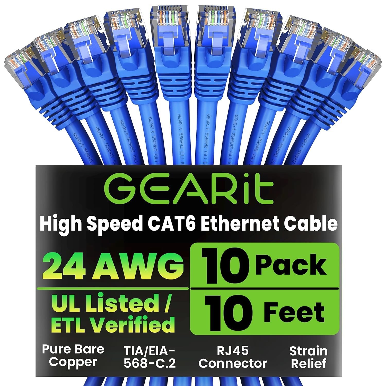 High-Speed 10-Pack Cat 6 Ethernet Cables – 10 ft Snagless Gold-Plated Connectors