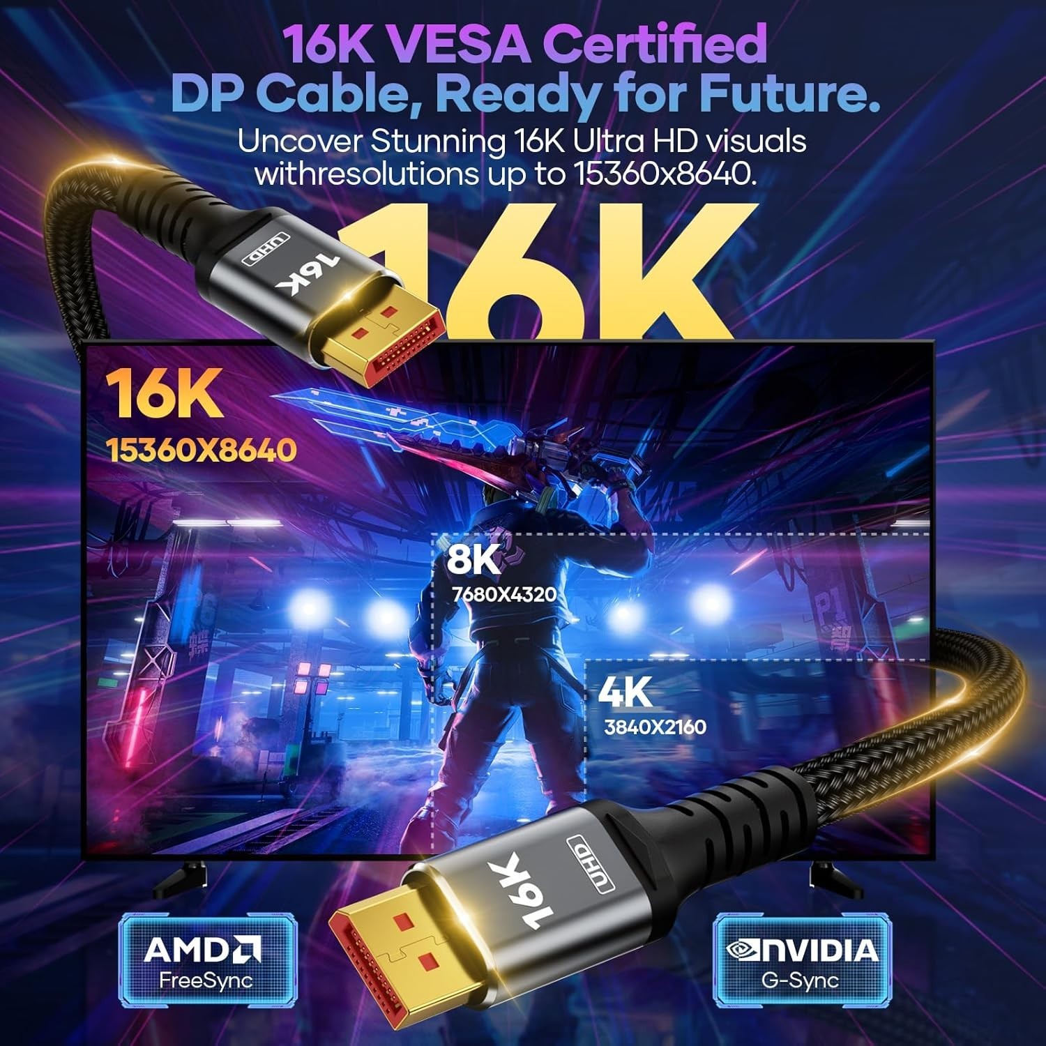 DisplayPort 2.1 Cable 80Gbps VESA 16K@60Hz 8K@120Hz 4K@240Hz HDR Braided 3.3ft