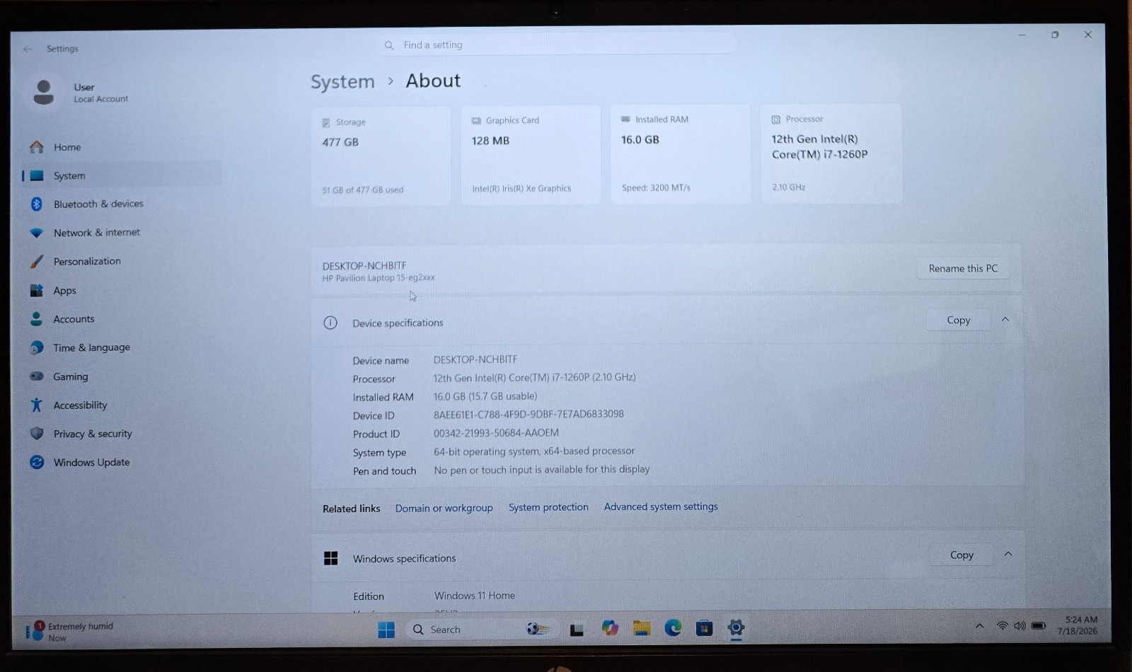 HP Pavilion 15-eg2078nr 15.6″ i7-1260P 500GB SSD 16GB