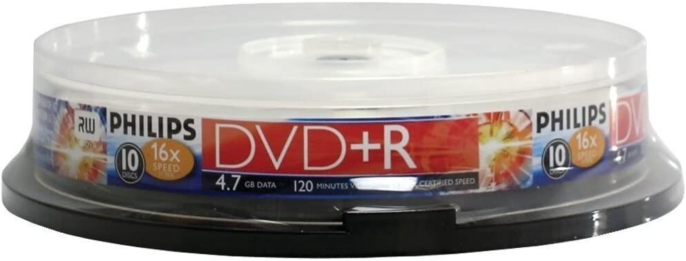 Philips DVD+R: 1-16x Speed, 120min, 4.7 GB DR4S6B10F/17 Cake Box Spindle – 10 Pk