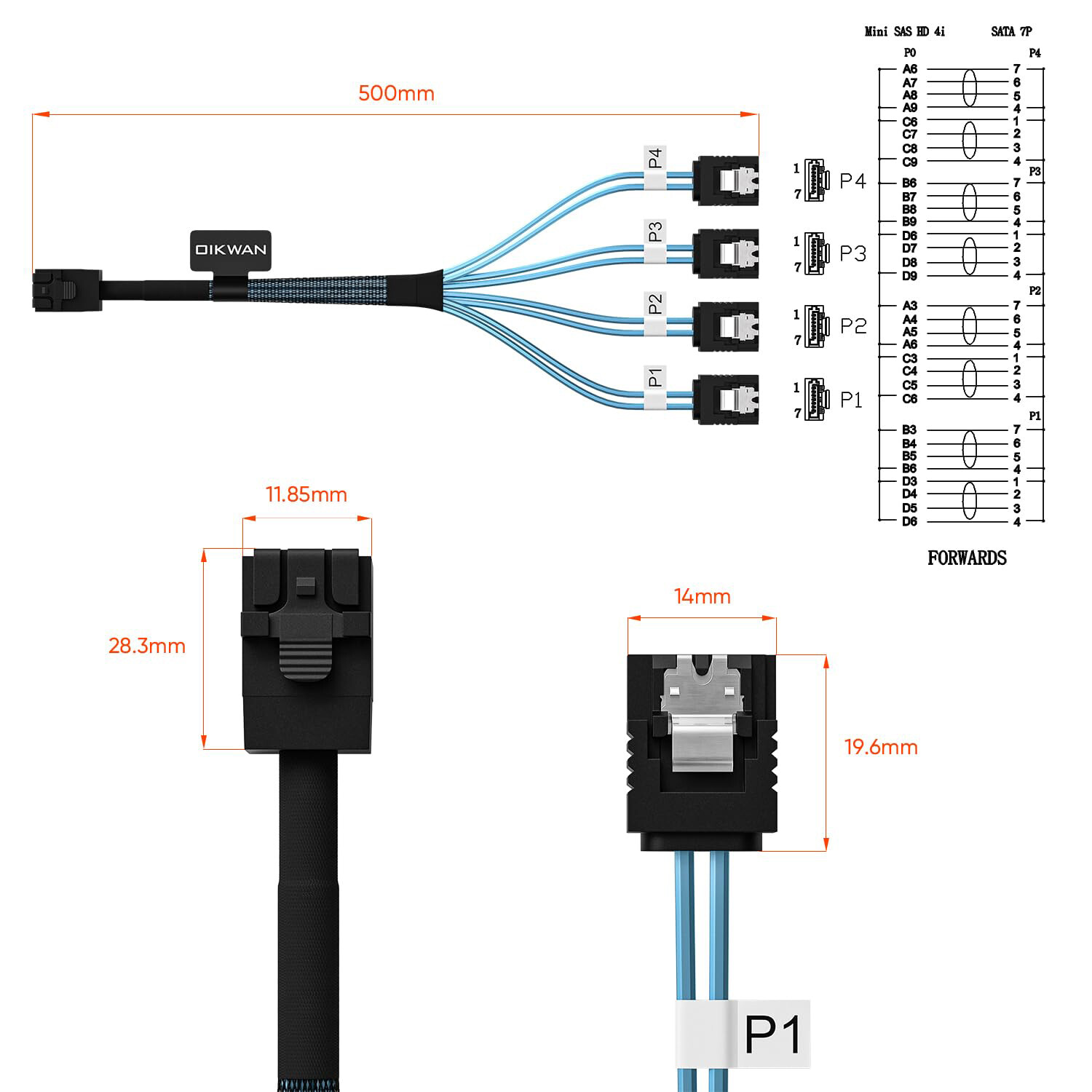 2PCS Internal HDD Mini SAS Cable SFF-8643 To 4 SATA Connect to Hard Drive 0.5/1M
