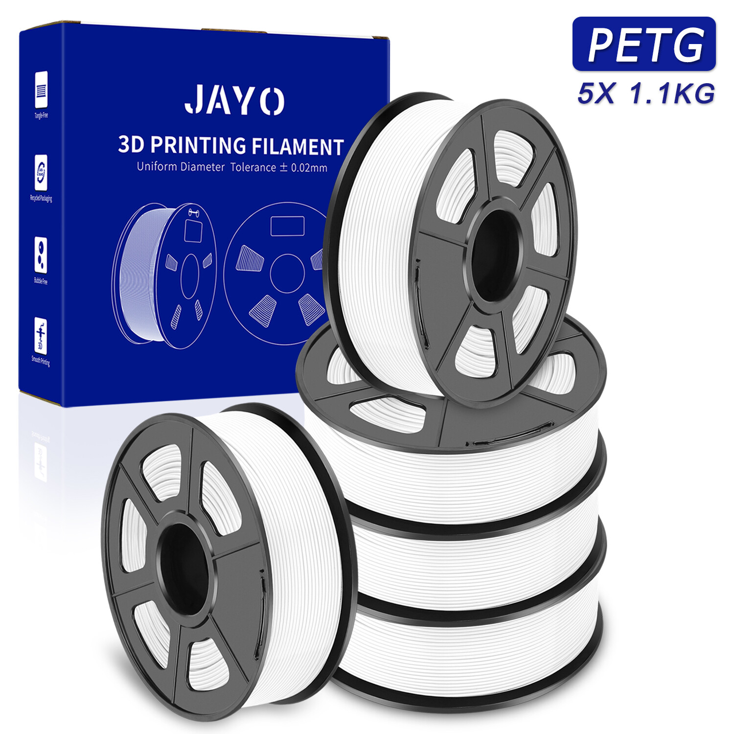 JAYO 5.5KG PETG White 3D Printer Filament 1.75mm Neatly Wound Clog-Free ±0.02mm