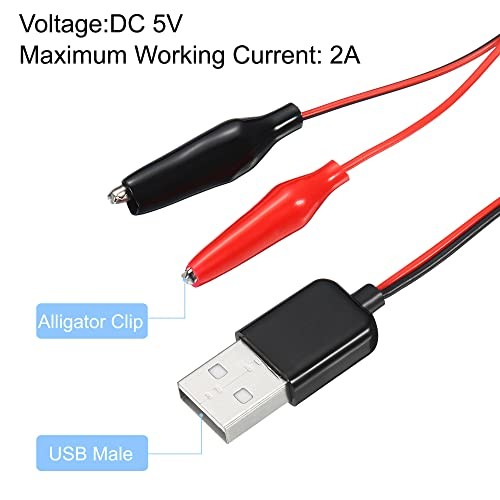 Crocodile Clamps Test Wire – USB Male to Alligator Clips – 60cm for Charge 2