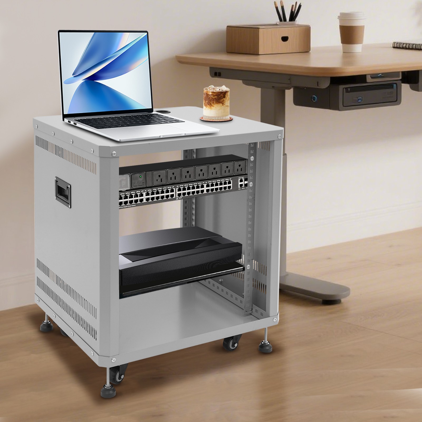 Modern Rolling Server Rack Open Cabinet Network & Stereo Rack with Caster Wheels