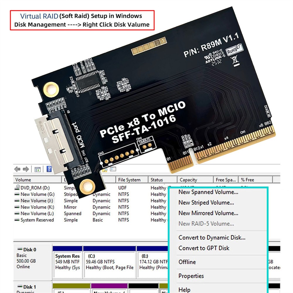 CY External MCIO 8i SFF-TA-1016 to PCI-Express 8x VROC Adapter for Mainboard SSD