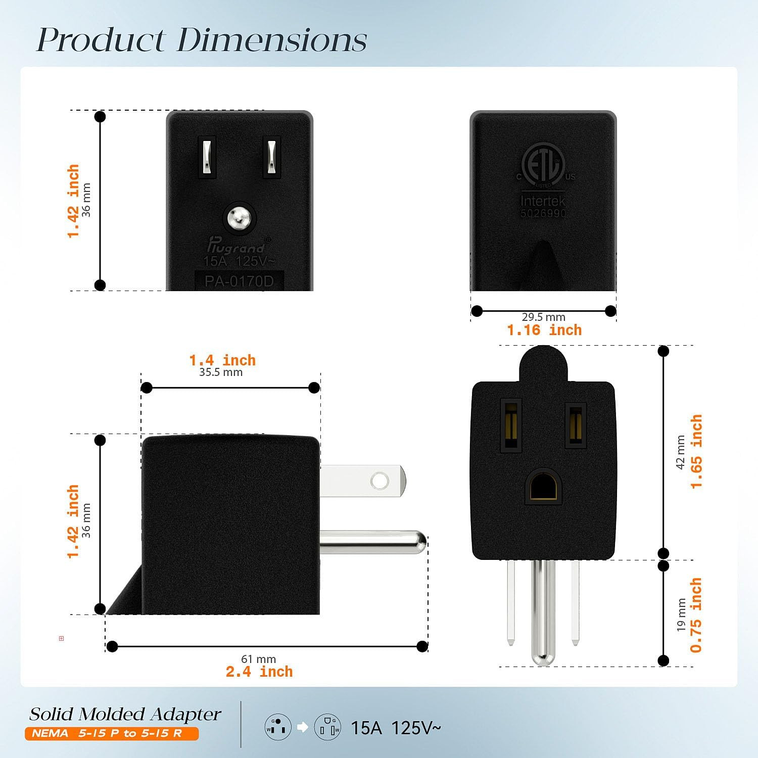 90 Degree Right Angle Down Plug Adapter NEMA 5-15P To 5-15R ETL 15A 125V