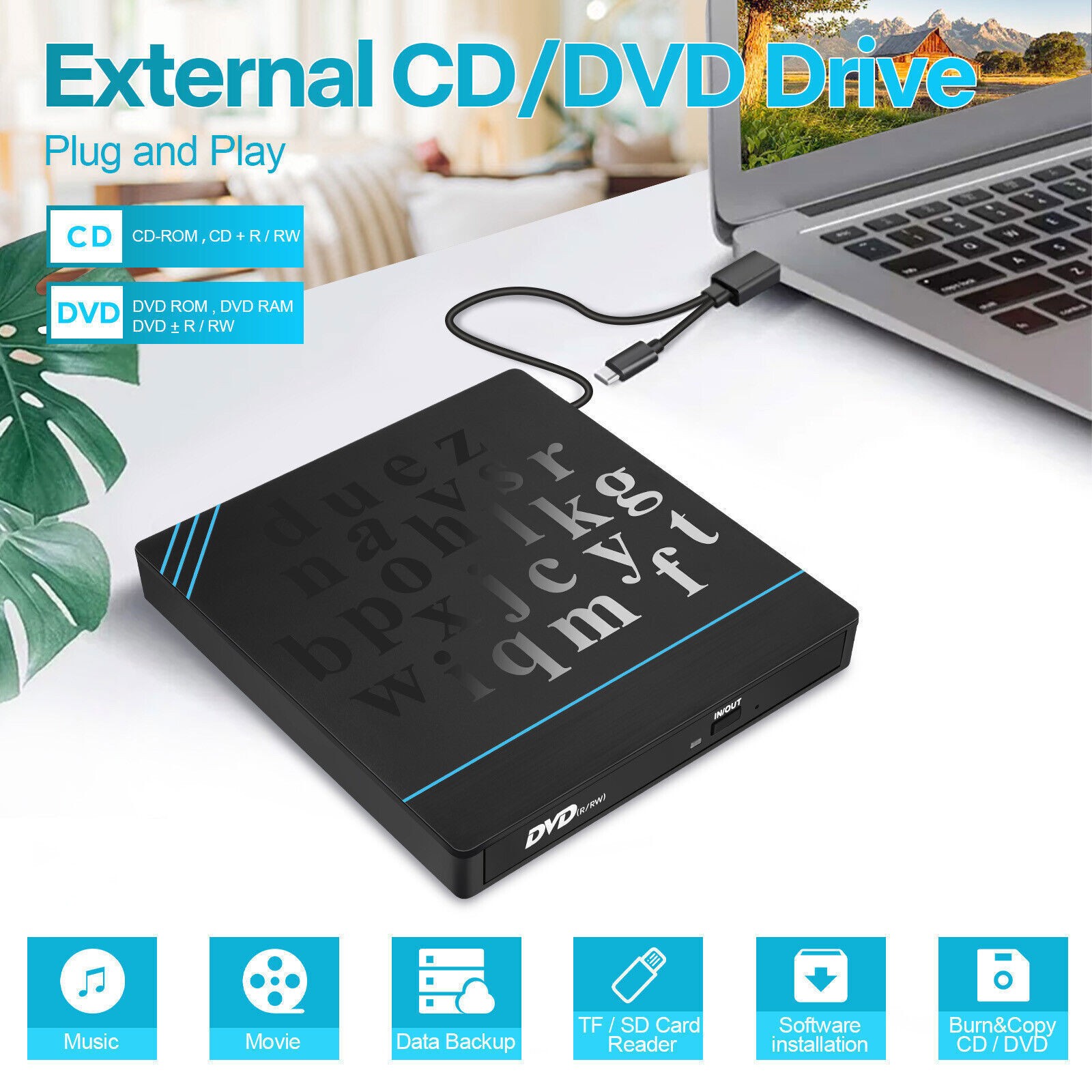 PC DVD Player for Laptop Universal External Dvd Drive Support Windows Mac HP