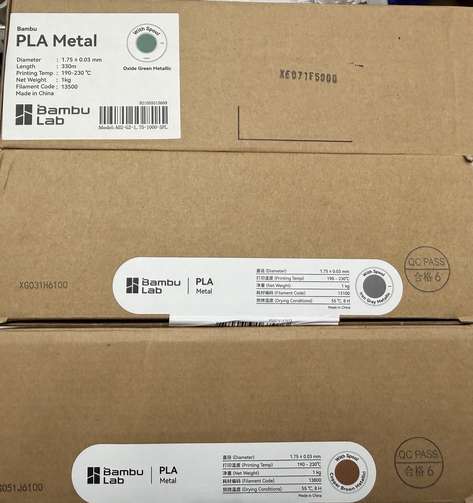 Bambu Lab PLA Metal THREE PACK Copper Brown, Iron Grey, Oxide Green Metallic 3kg