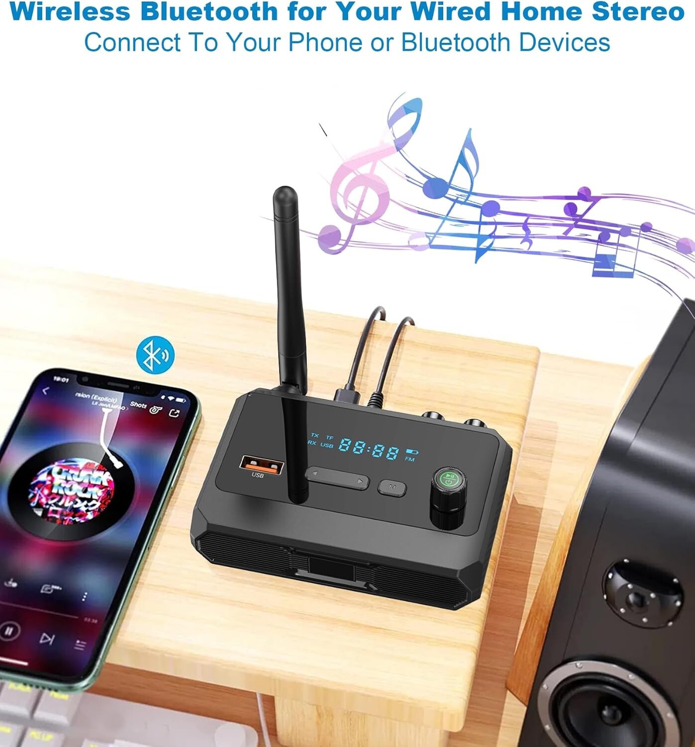 Bluetooth 5.3 Home Stereo Audio Receiver AUX Optical HD Music to RCA Adapter