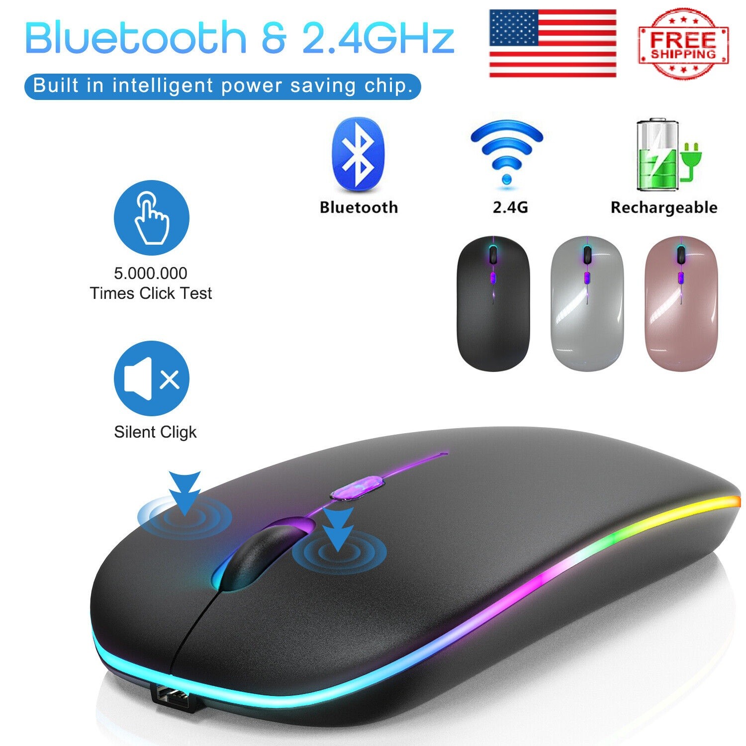 Rechargeable Slim Wireless Bluetooth 5.1 Mouse Dual Mode LED Mice iPad Laptop PC