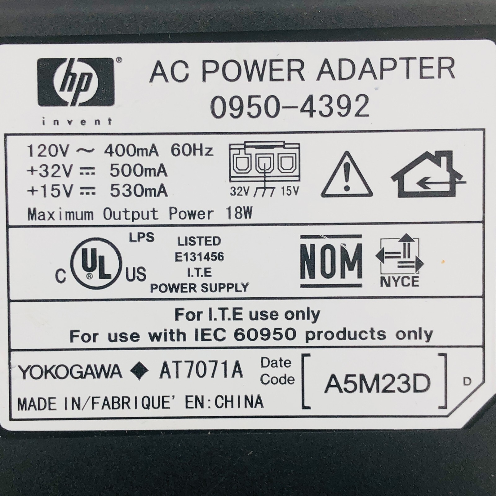 Genuine 18W HP AC DC Adapter Model 0950-4392 32V 15V 500mA 530mA OEM 3-Pin Plug