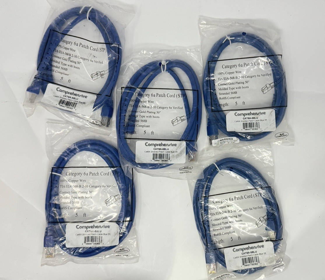 Lot of 5 Comprehensive 5ft CAT6A Shielded Patch Cable- Blue