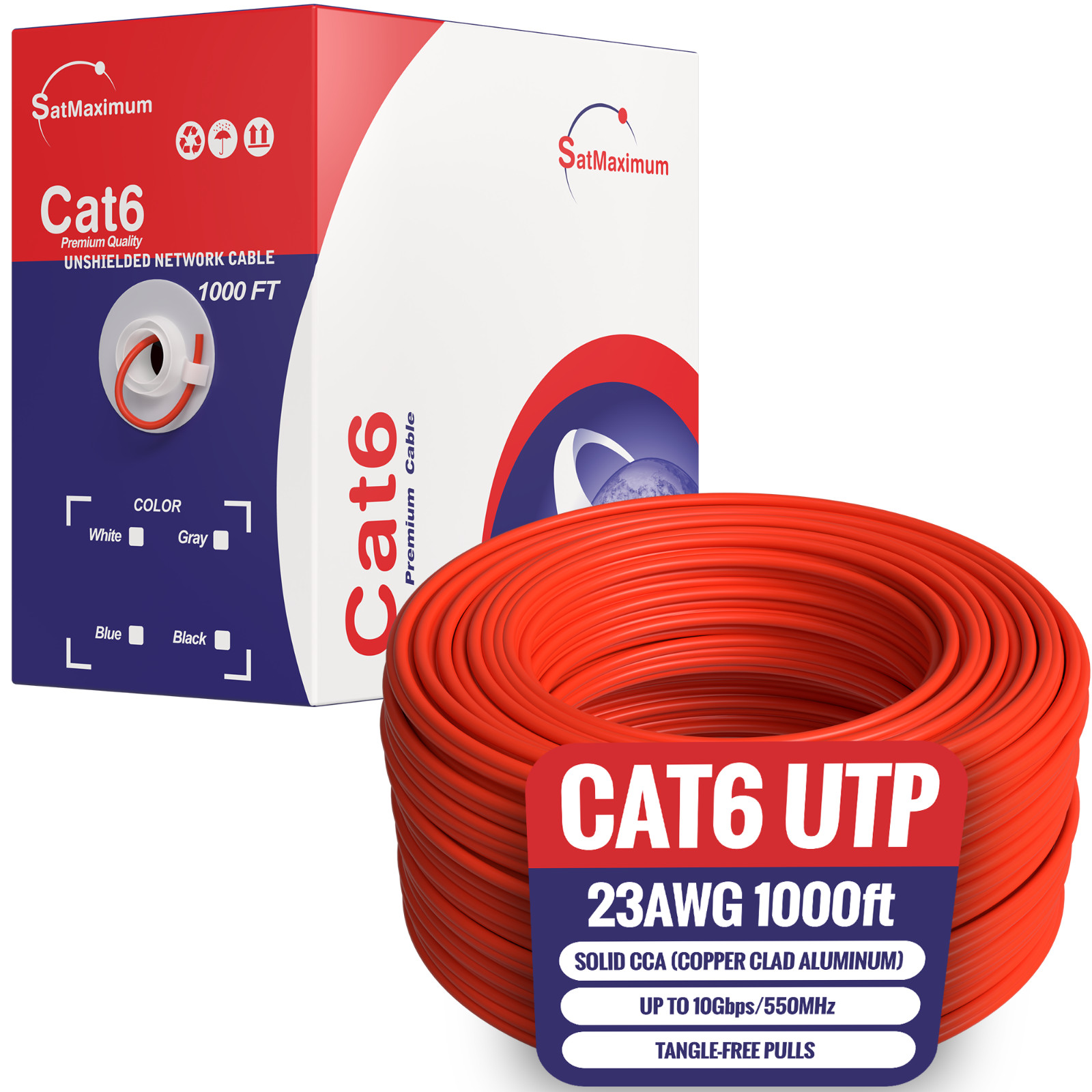 1000ft Red CAT6 Ethernet Cables – 23AWG 10Gbps UTP Solid CCA Wire w/Pullbox