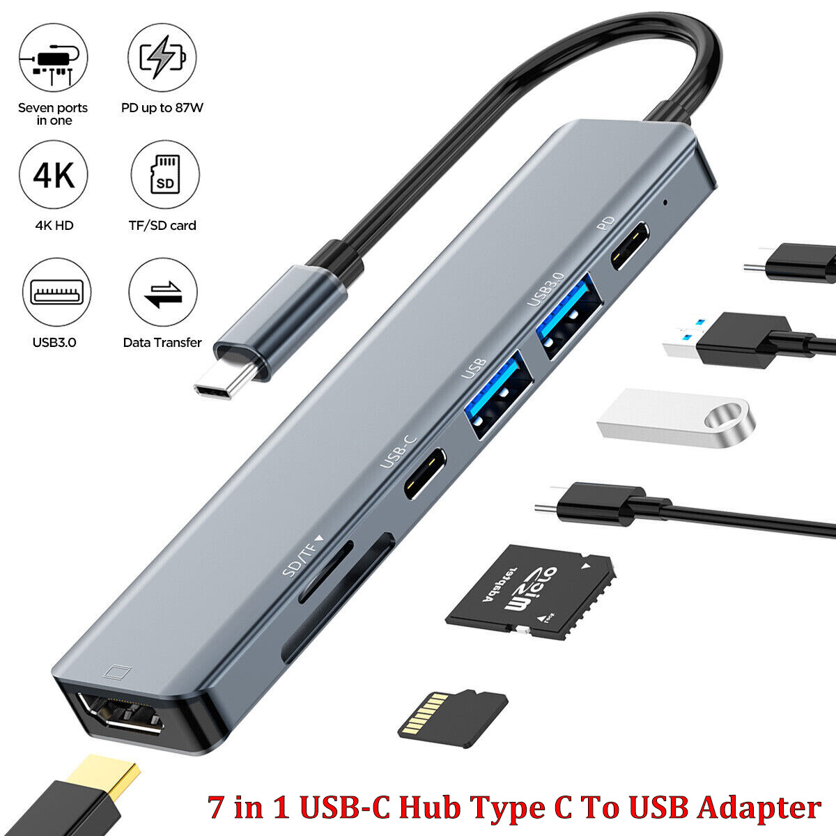7 in 1 Multiport USB-C Hub Type C To USB 3.0 4K HDMI Adapter For Macbook Pro/Air