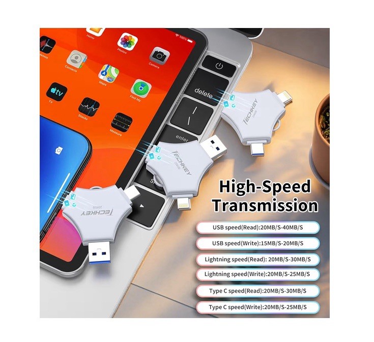 Techkey 256GB 3-in-1 MFi USB Flash Drive USB 3.0/USB-C/Lightning Silver