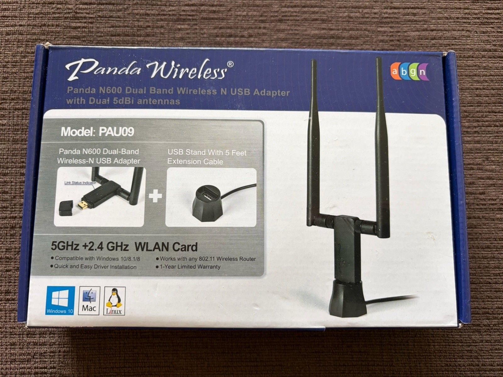 Panda Wireless PAU09 N600 Dual Band 2.4GHz and 5GHz Wireless N USB Adapter-A1B