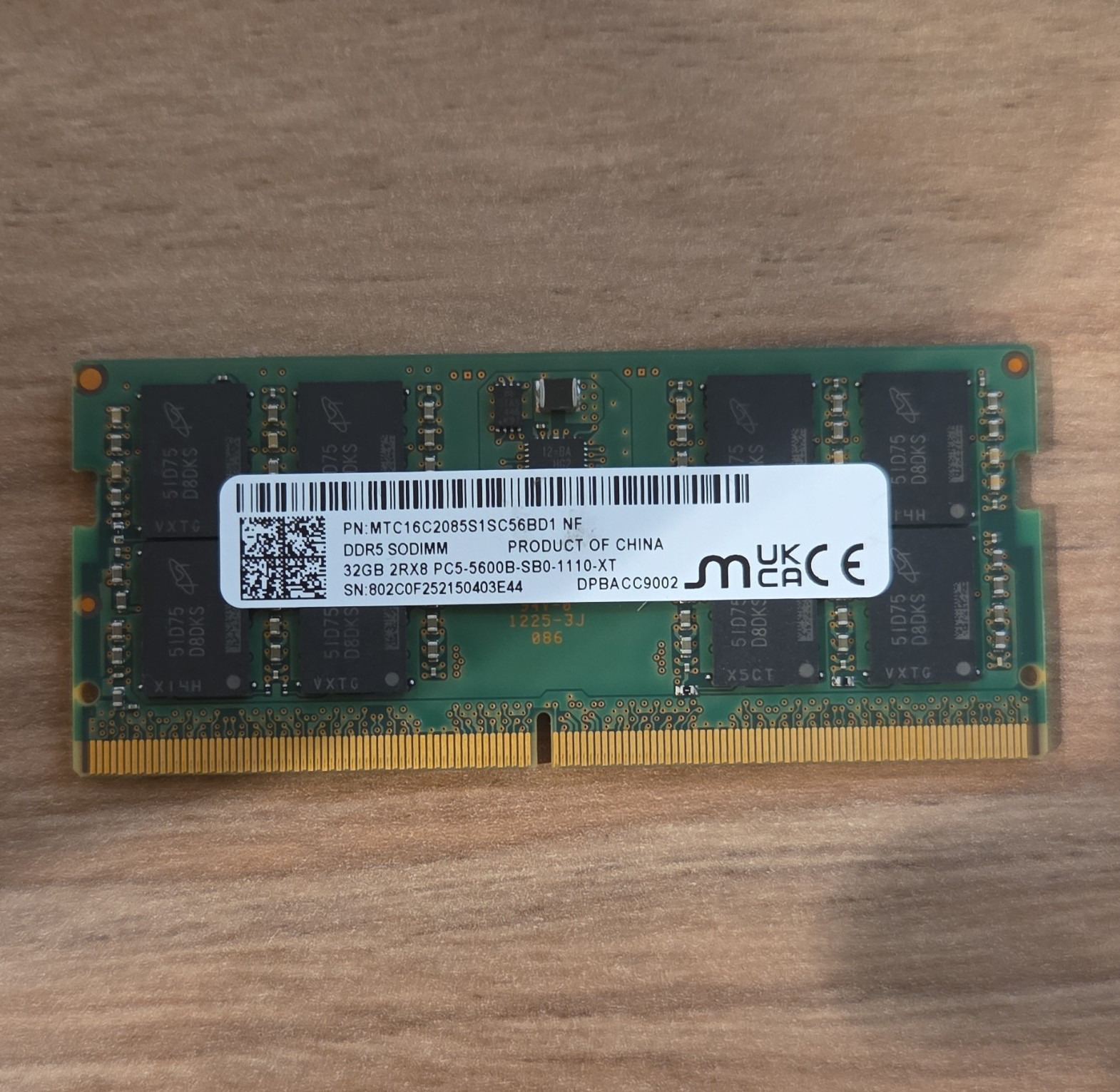 Micron DDR5 SDRAM SO-DIMM 32GB PC5-5600B 262-Pin Non-ECC MTC16C2085S1SC56BD1