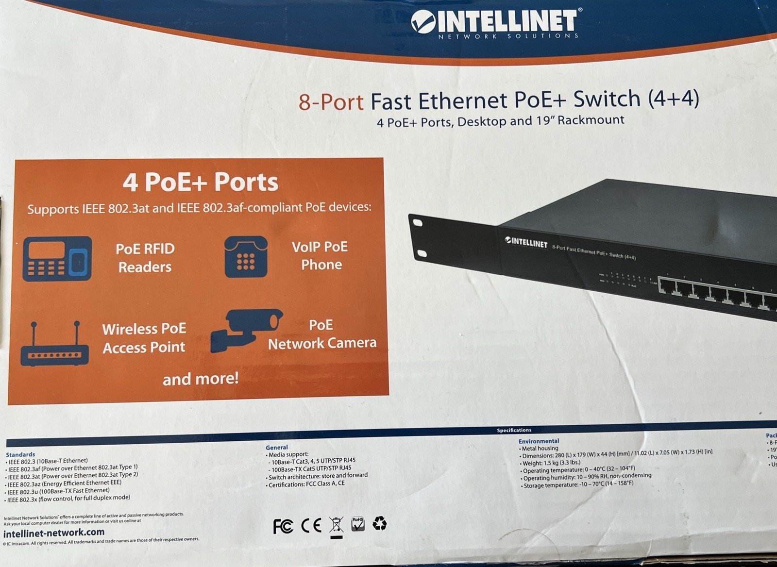 Intellinet 8-Port PoE+ Switch 561075 Fast Ethernet 4+4 New Open Box Complete