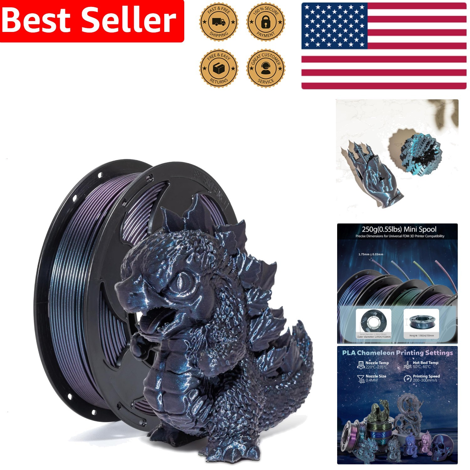 0.25kg 3D Filament 1.75mm Chameleon Burnt Titanium Glitter Metallic Smooth Color