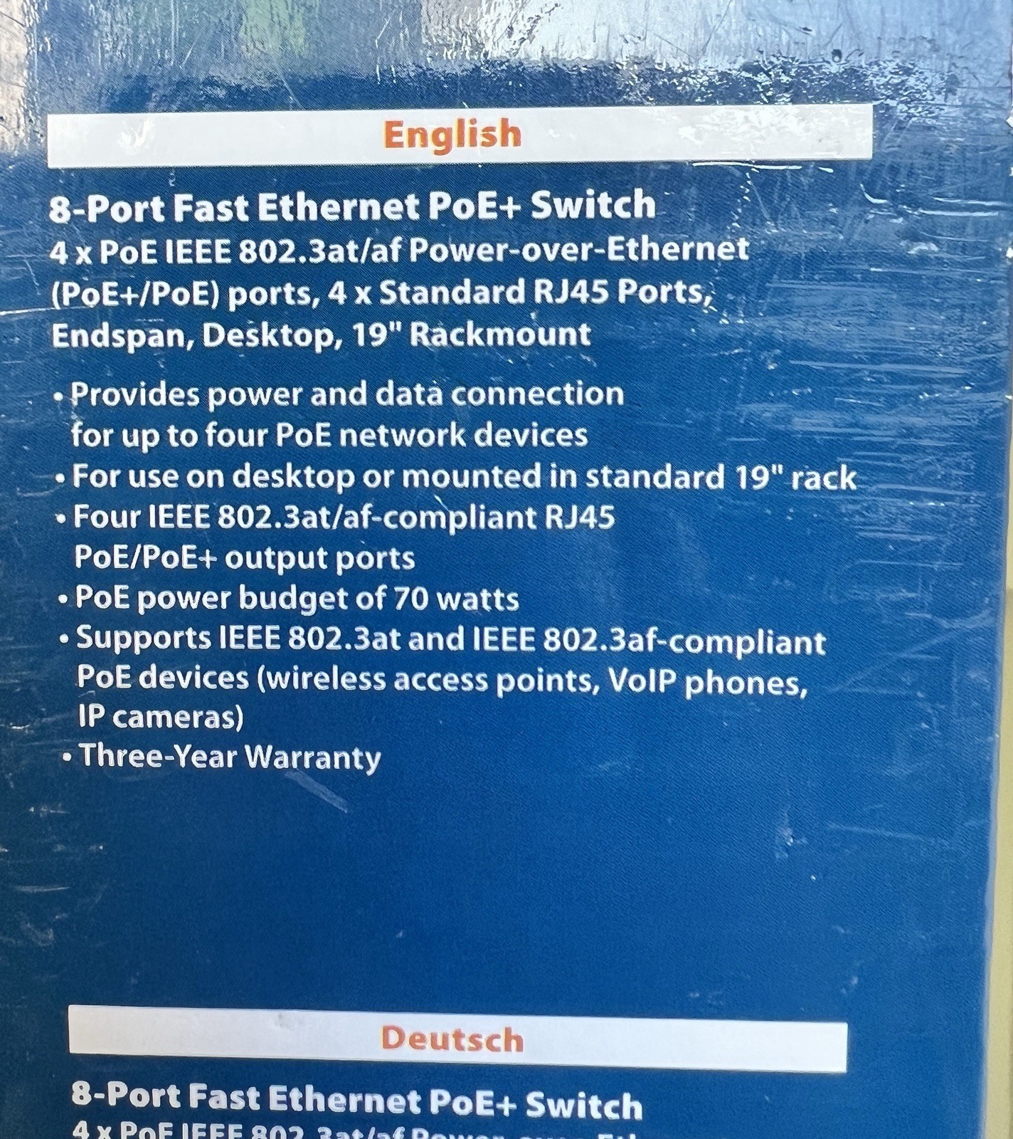 Intellinet 8-Port PoE+ Switch 561075 Fast Ethernet 4+4 New Open Box Complete