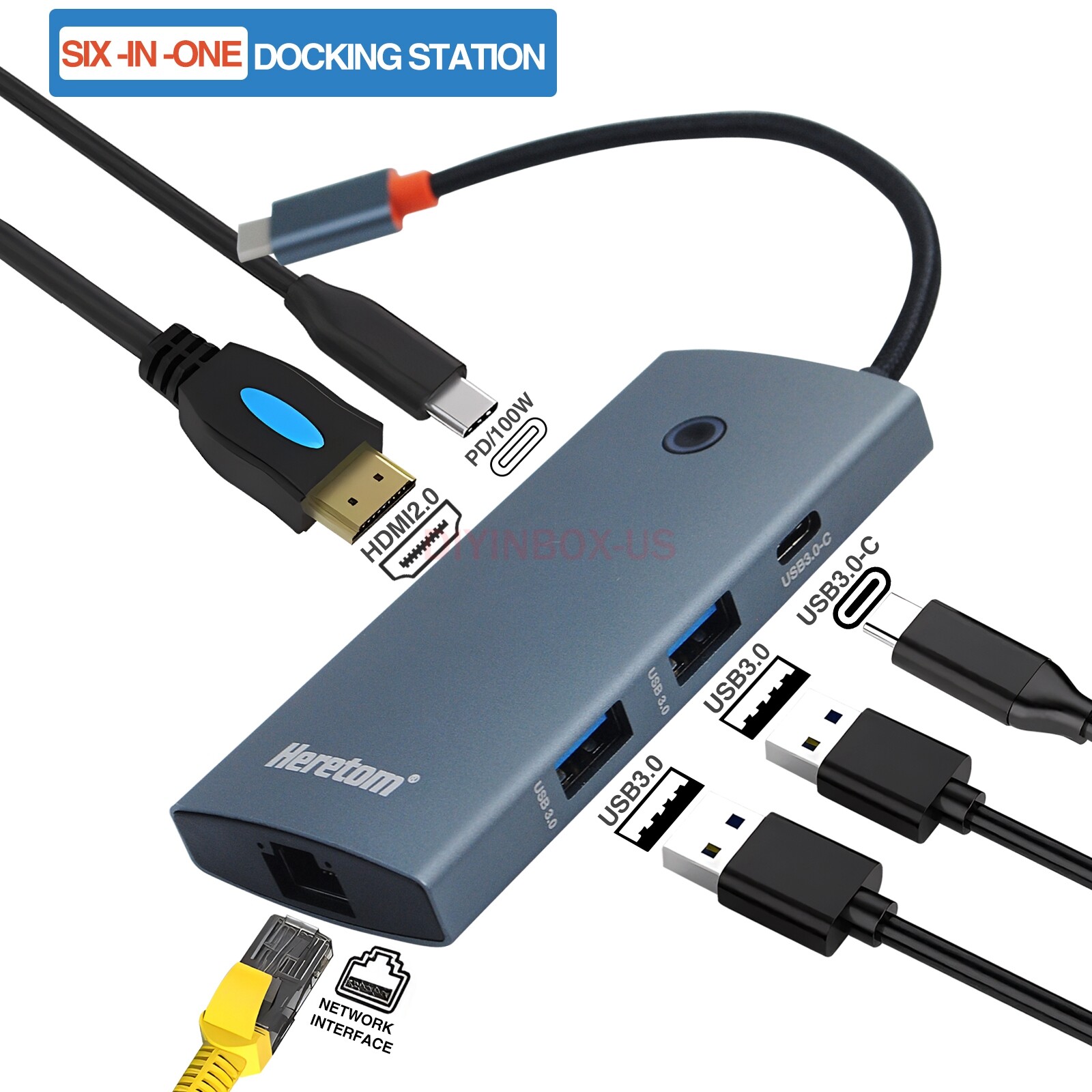 6-in-1 USB HUB Docking Station USB C Hub Type C to USB2.0 3.0-C Adapter For HDMI
