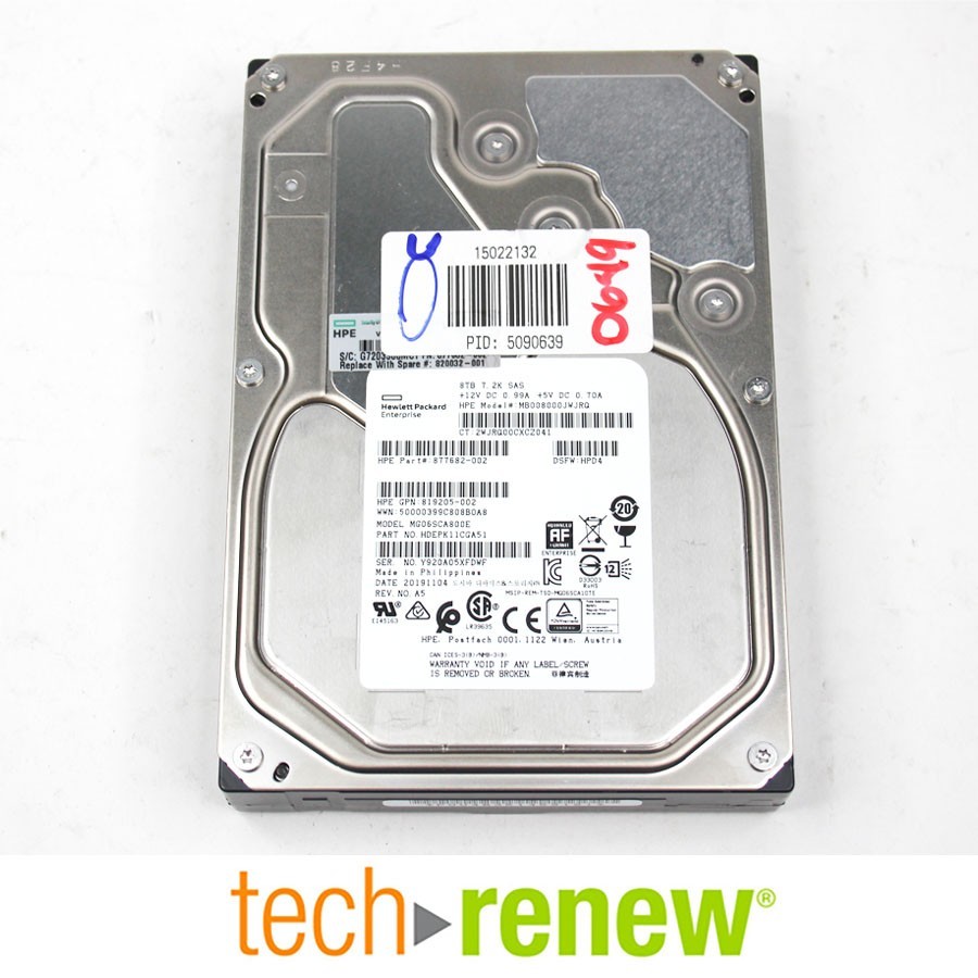 HP MB008000JWJRQ | 8TB SAS HDD | 3.5″ | 12Gb/s | 7.2k RPM | 877682-002 | Server