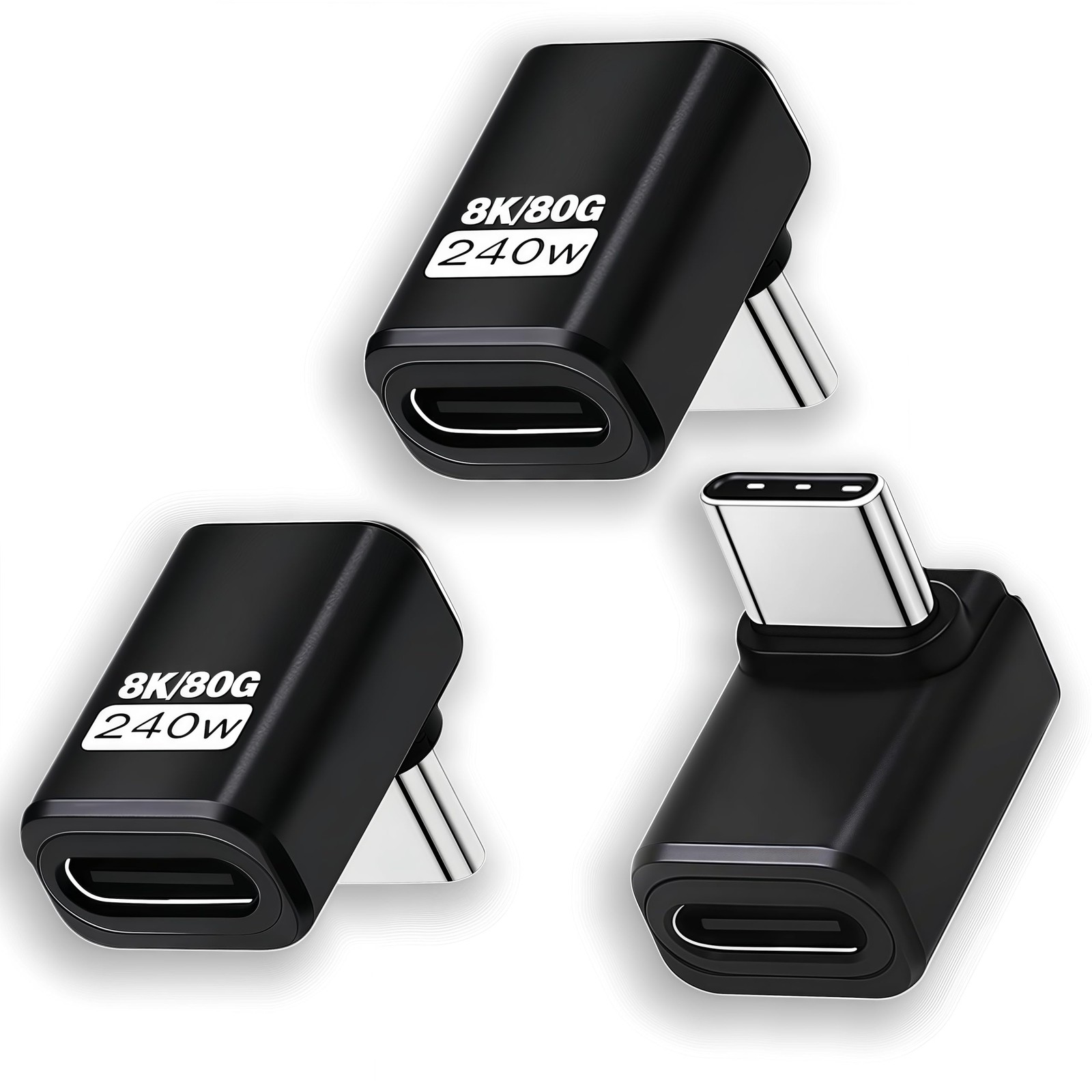 3 Pack Usb C 90 Degree Adapter [80Gbps 3-Pack Top/Bottom Right Angle, Black