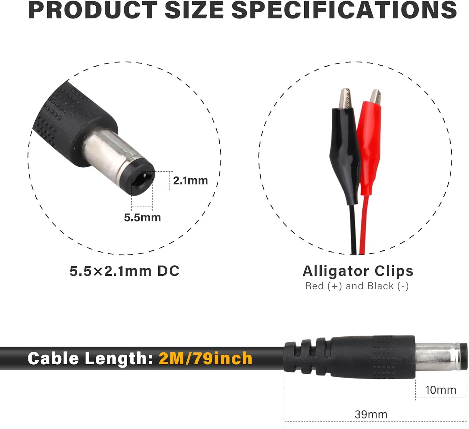 79-Inch Trail Camera Power Cord (2 Pack with Alligator Clips,5.5X2.1Mm DC Extern