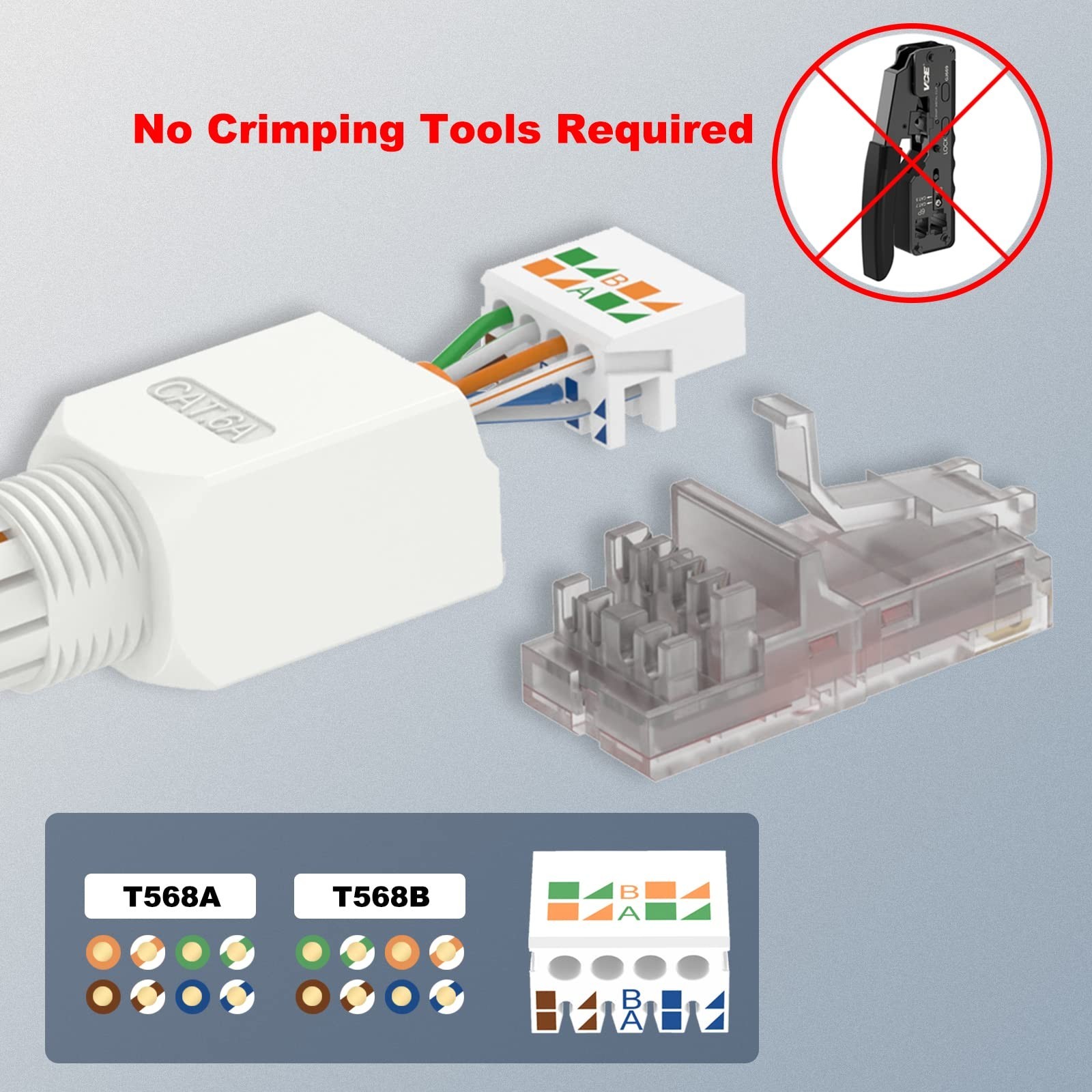 Tool-Free RJ45 Connector, CAT6A Modular Plug, Gold Plated UTP, 6 Pack for 23-26