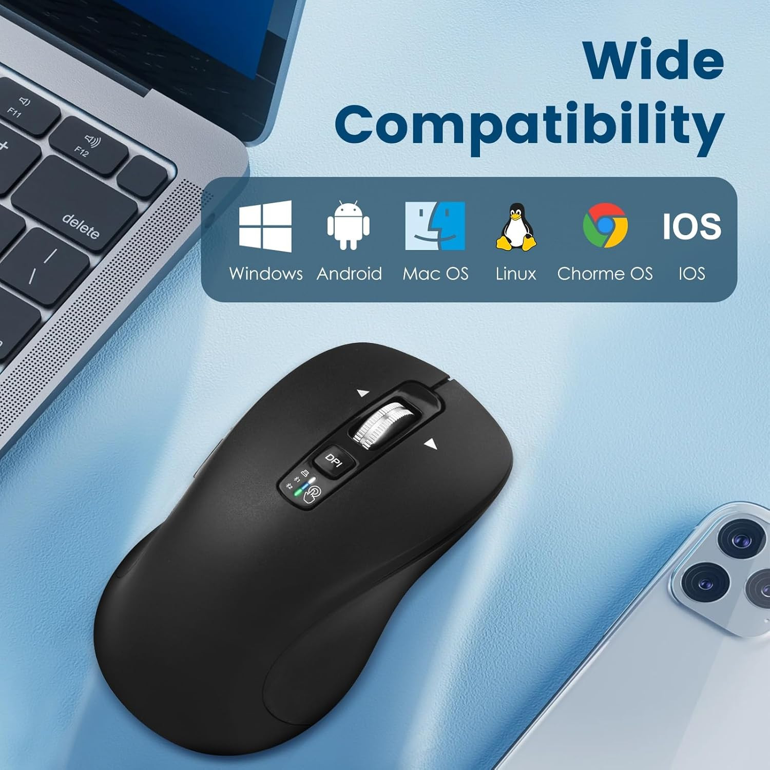Wireless Bluetooth Mouse (USB + BT1 + BT2), Full Size, 4-Way Scrolling, Multi…