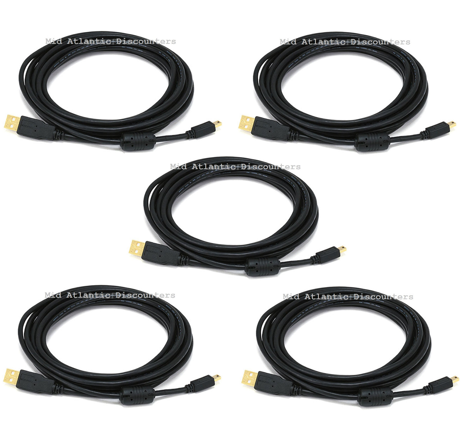 5pk 10ft USB 2.0A Male to Mini-B 5pin Male 28/24AWG Cable Ferrite Core Gold 5449