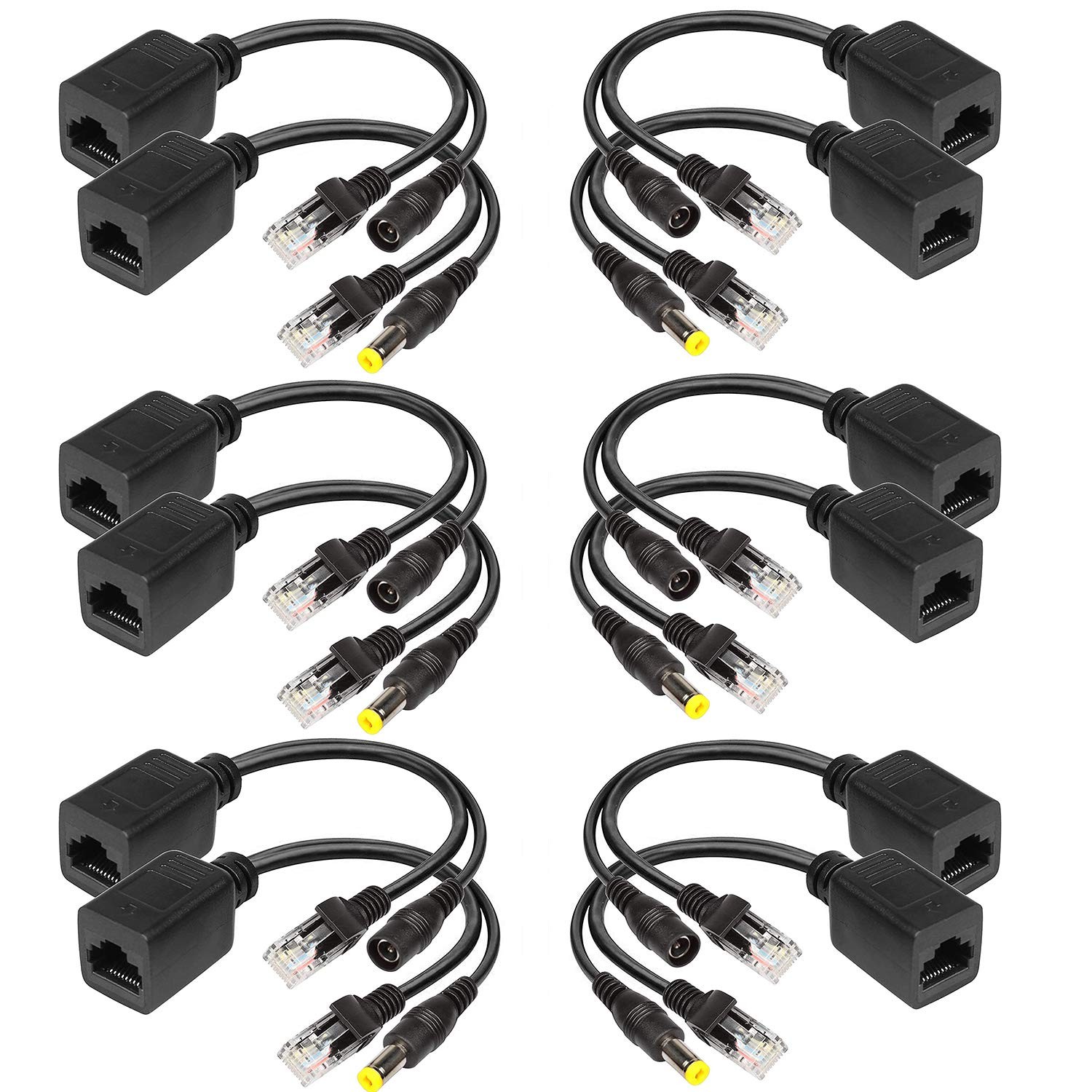 6Pair Passive PoE Injector Splitter Kit 5.5×2.1mm DC Connector RJ45 Adapters