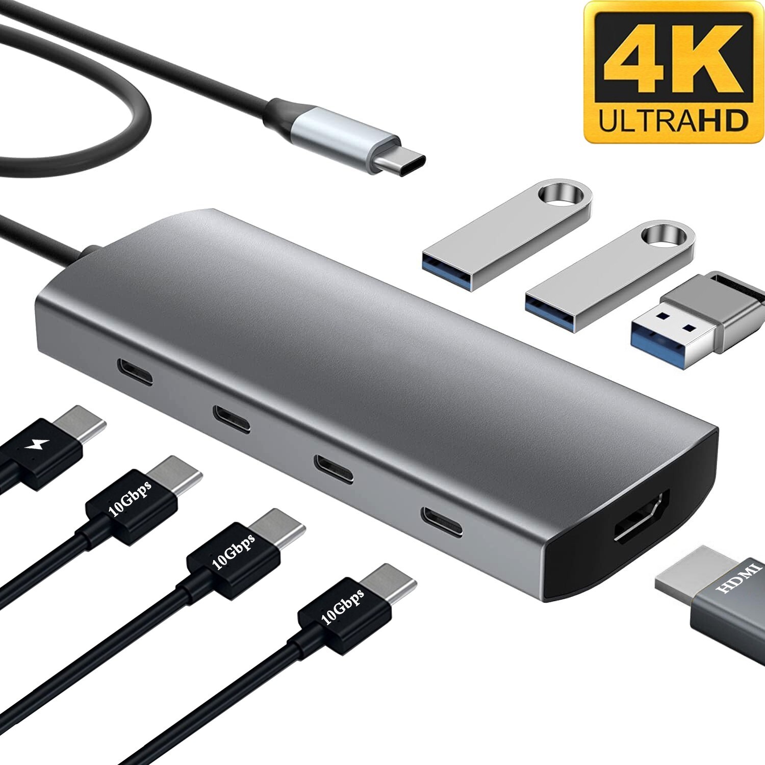 USB C Type C Hub to 3*USB 3.2, 4K@60Hz HDMI, 100W PD, USB 3.0, SD/TF Card Reader