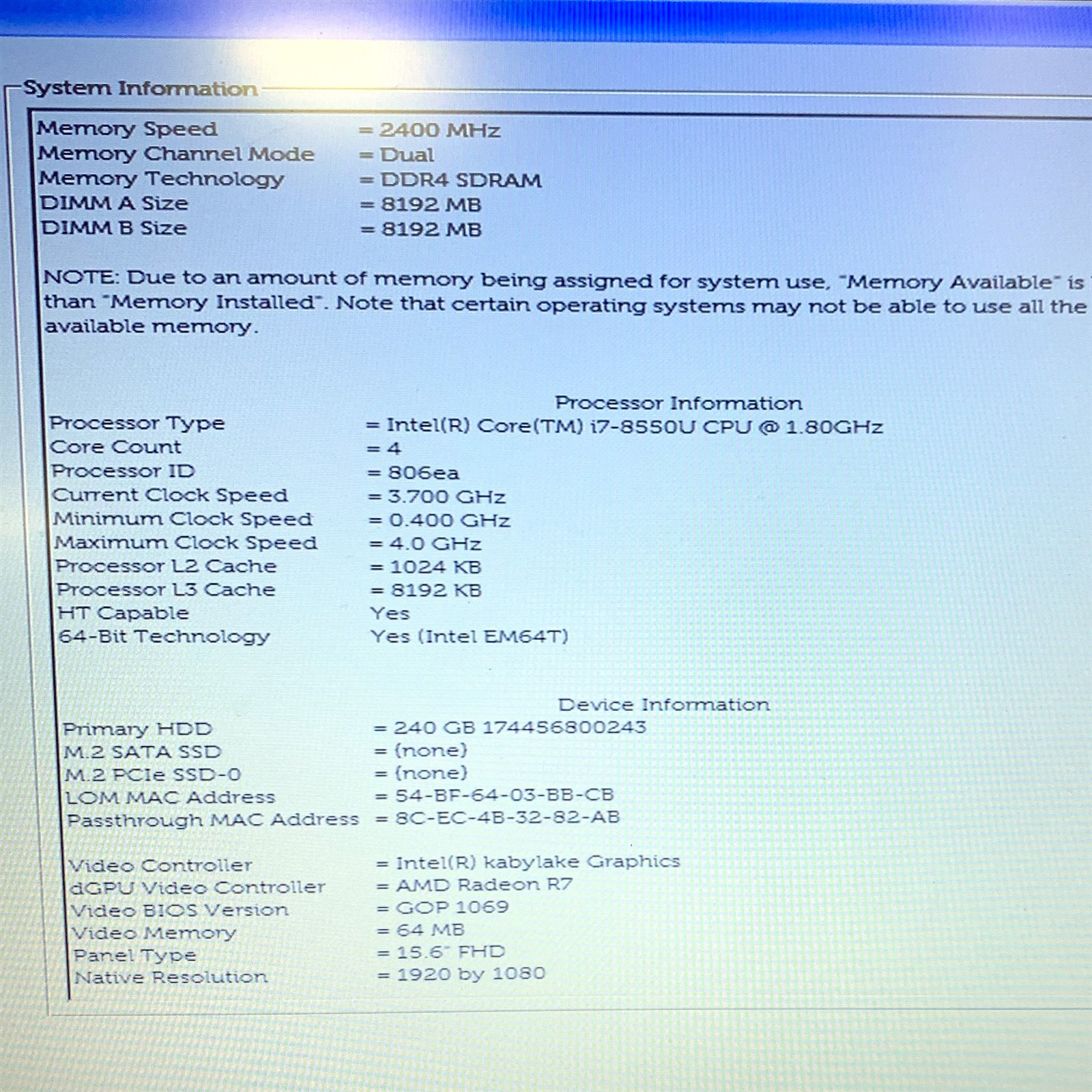 Dell Latitude 3590 15.6″ FHD Intel Core i7-8550U 1.80GHz 16GB 240GB SSD Win 11