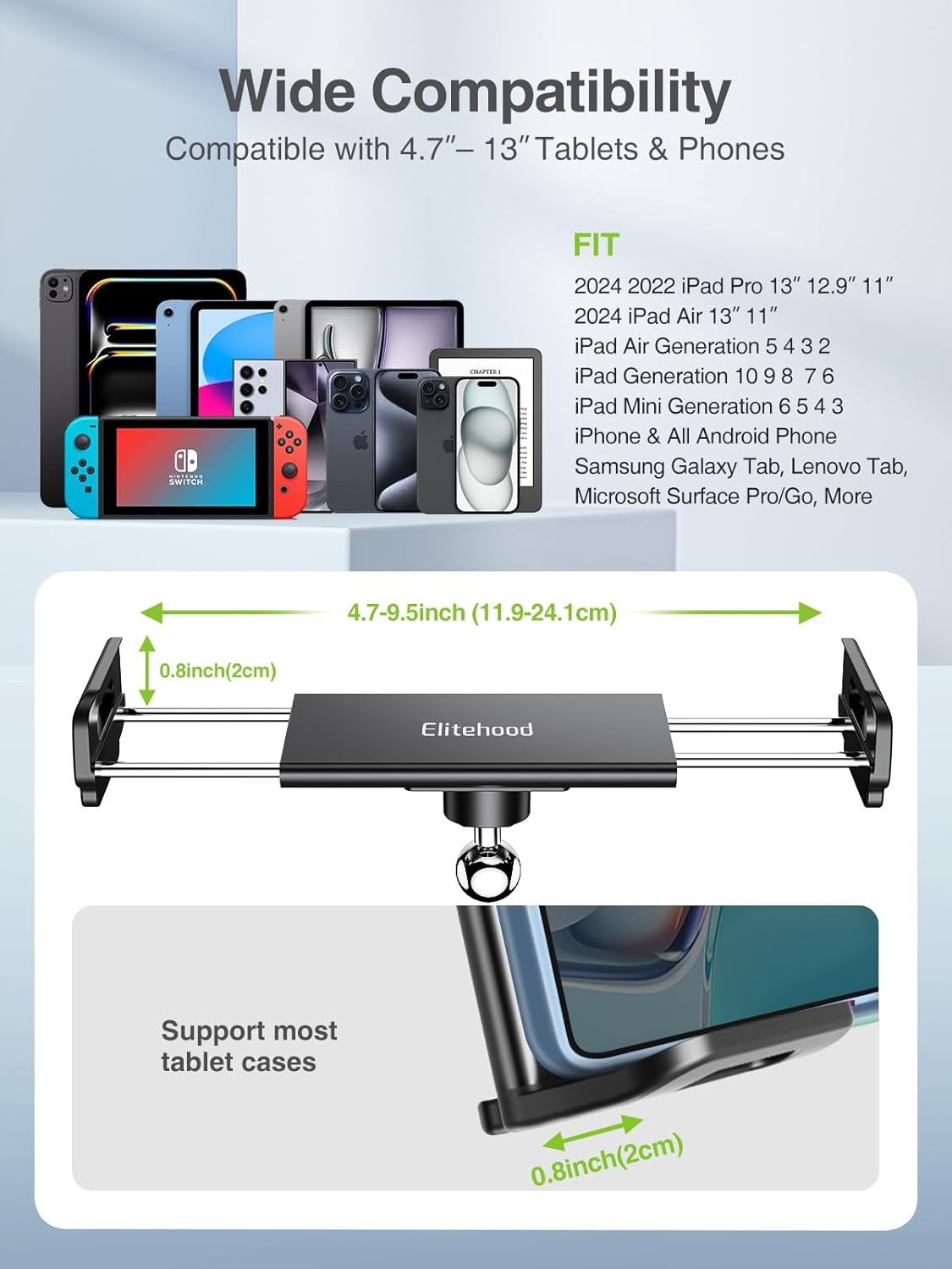 elitehood Metal iPad Holder for Mic Stand, 4.5in – Single Ball Joint, Black