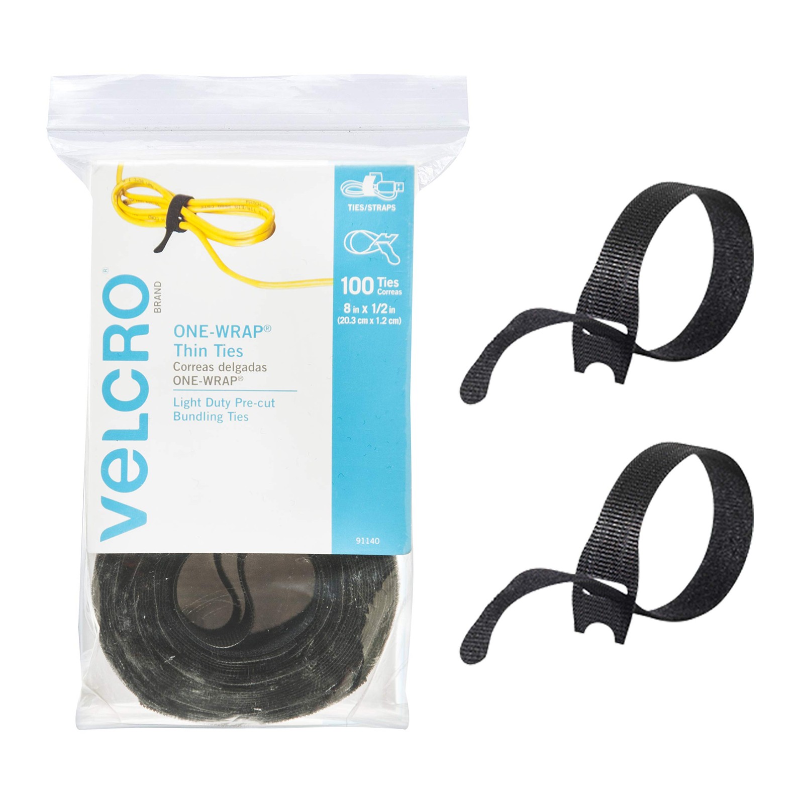 VELCRO Brand ONE-WRAP Cable Ties, 100Pk, 8 x 1/2″ Black 8In x 1/2In,