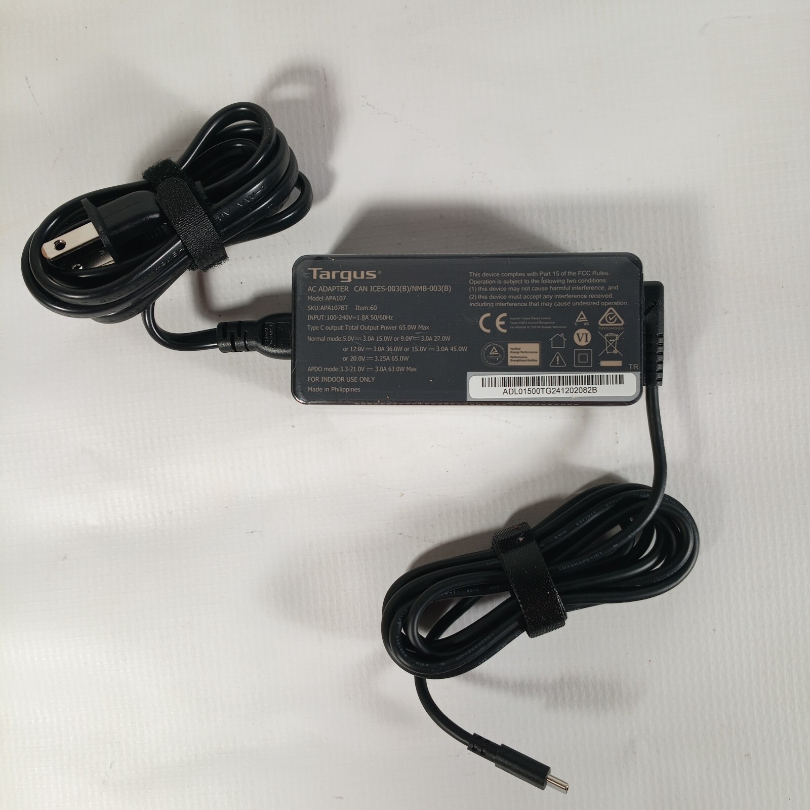 Targus AC Adapter 65W USB-C Laptop Tablet Phone Charger APA107