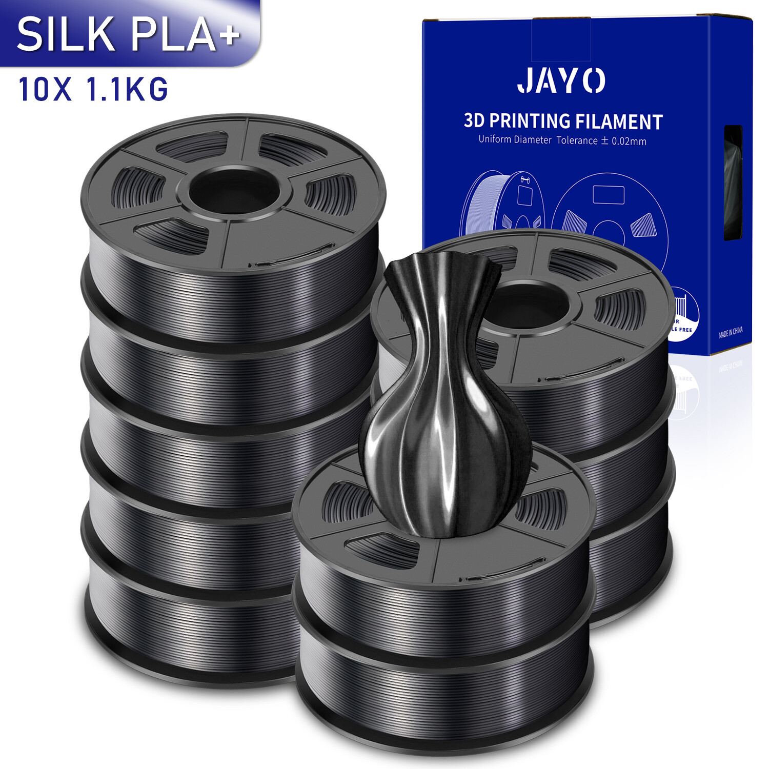 JAYO 10*1.1KG SILK PLA+ Black 1.75mm 3D Filament Metallic Shiny Good Adhesion