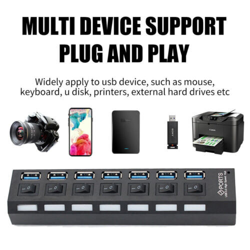USB Hub 7 Port On/Off Switch High Speed Splitter AC Adapter Cable PC Laptop Lot