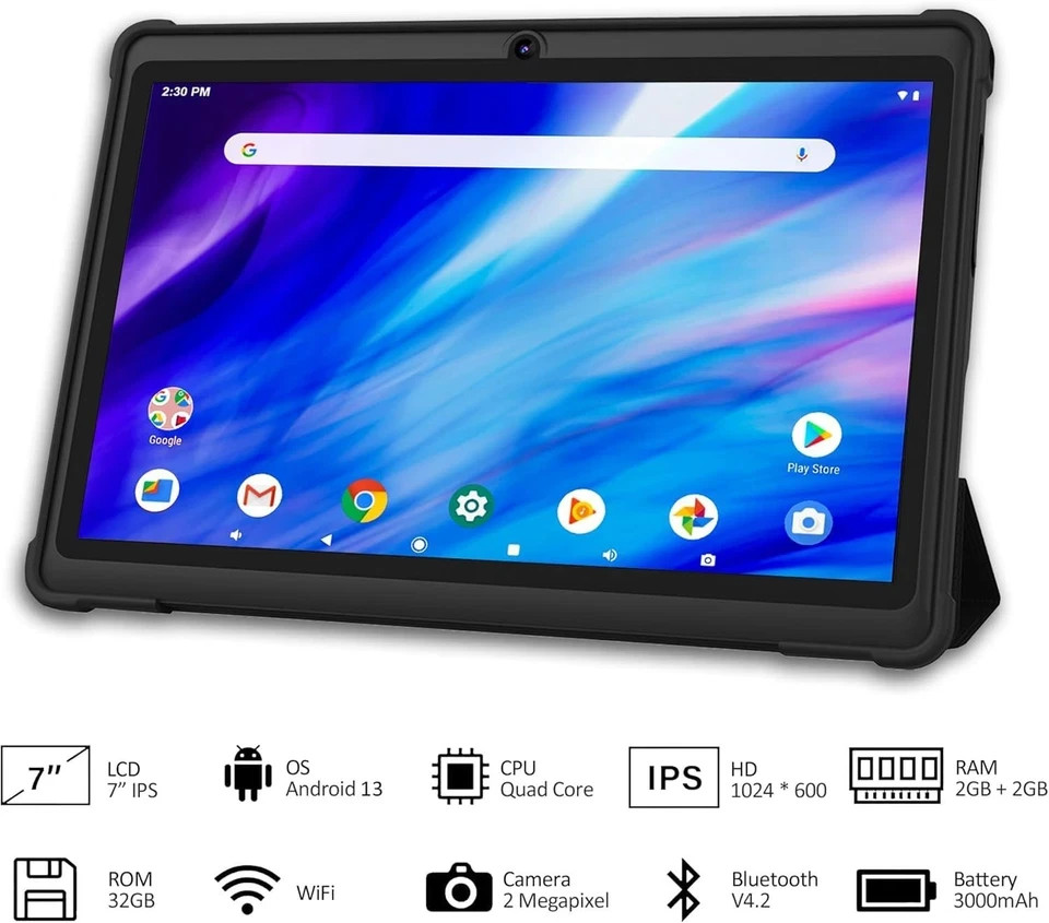 7 Inch Tablet, Quad Core Android 13 OS, 32GB ROM, WiFi, Bluetooth, Dual Camera,
