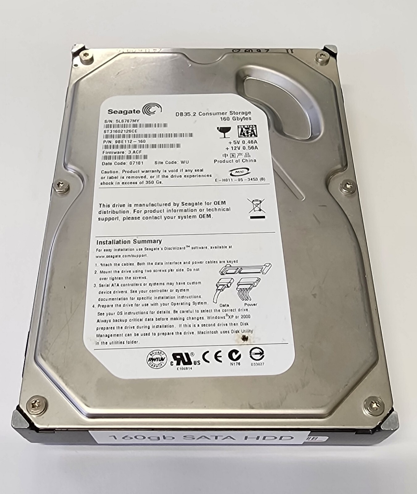 Seagate 160gb SATA Low Noise Level Hard Disk Drive